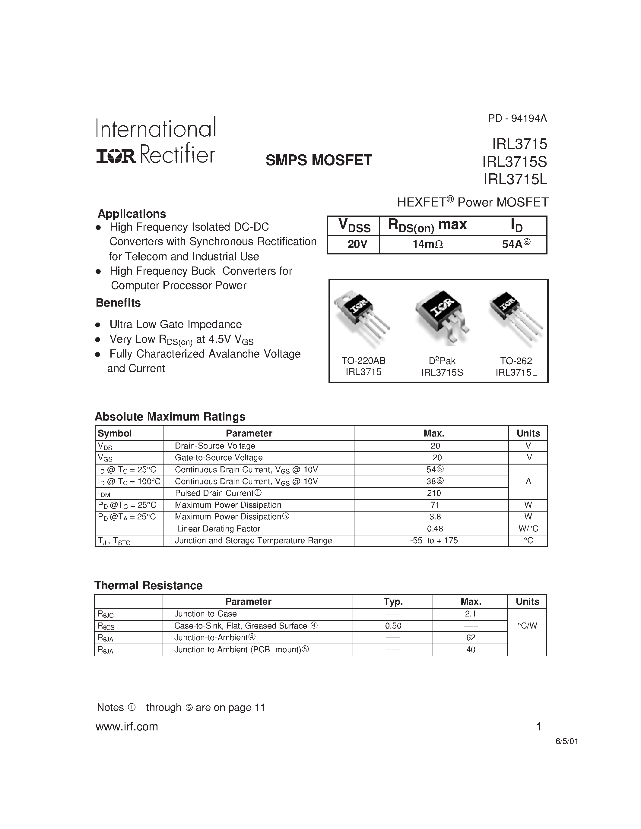 Datasheet IRL3715 - SMPS MOSFET page 1