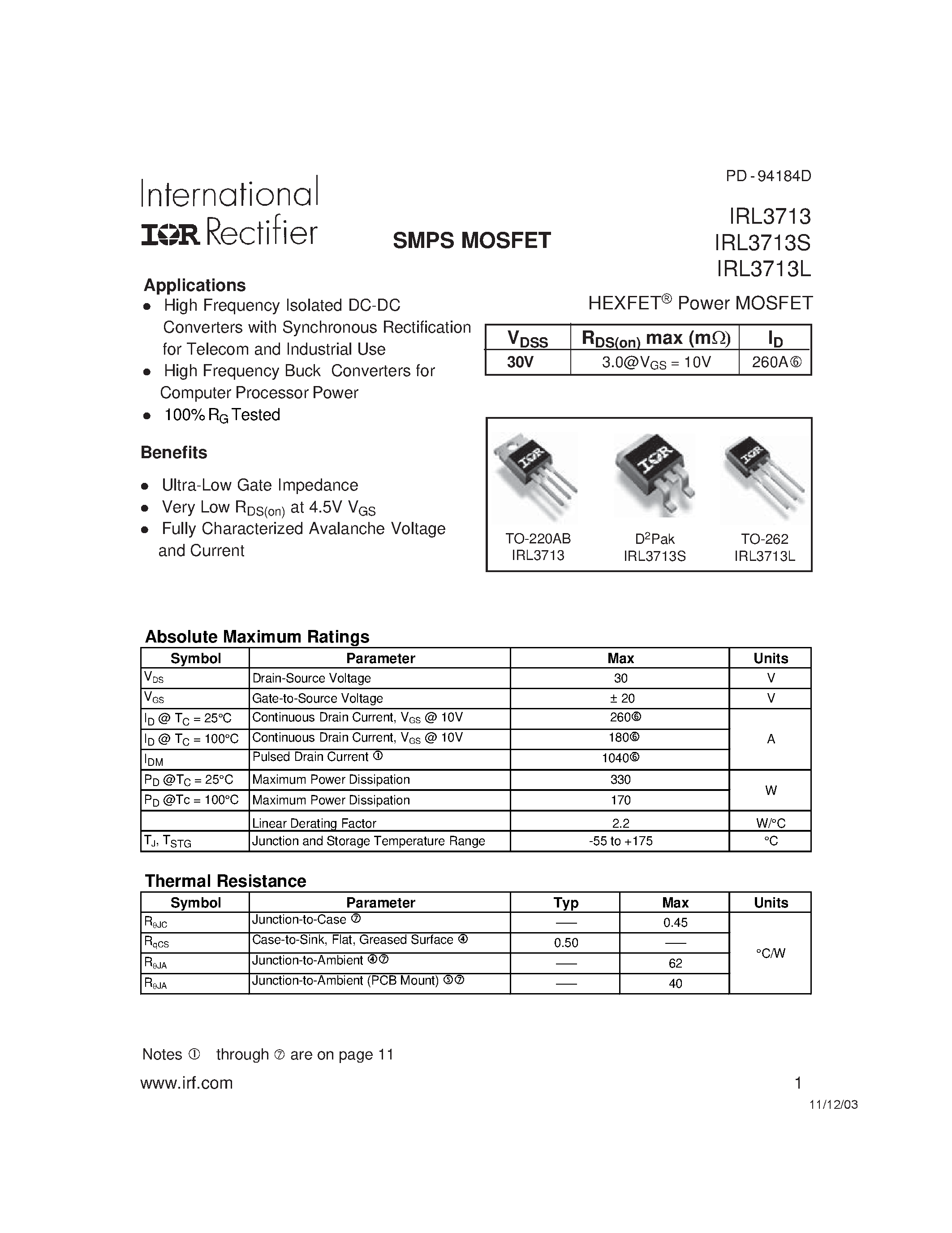 Даташит IRL3713 - SMPS MOSFET страница 1