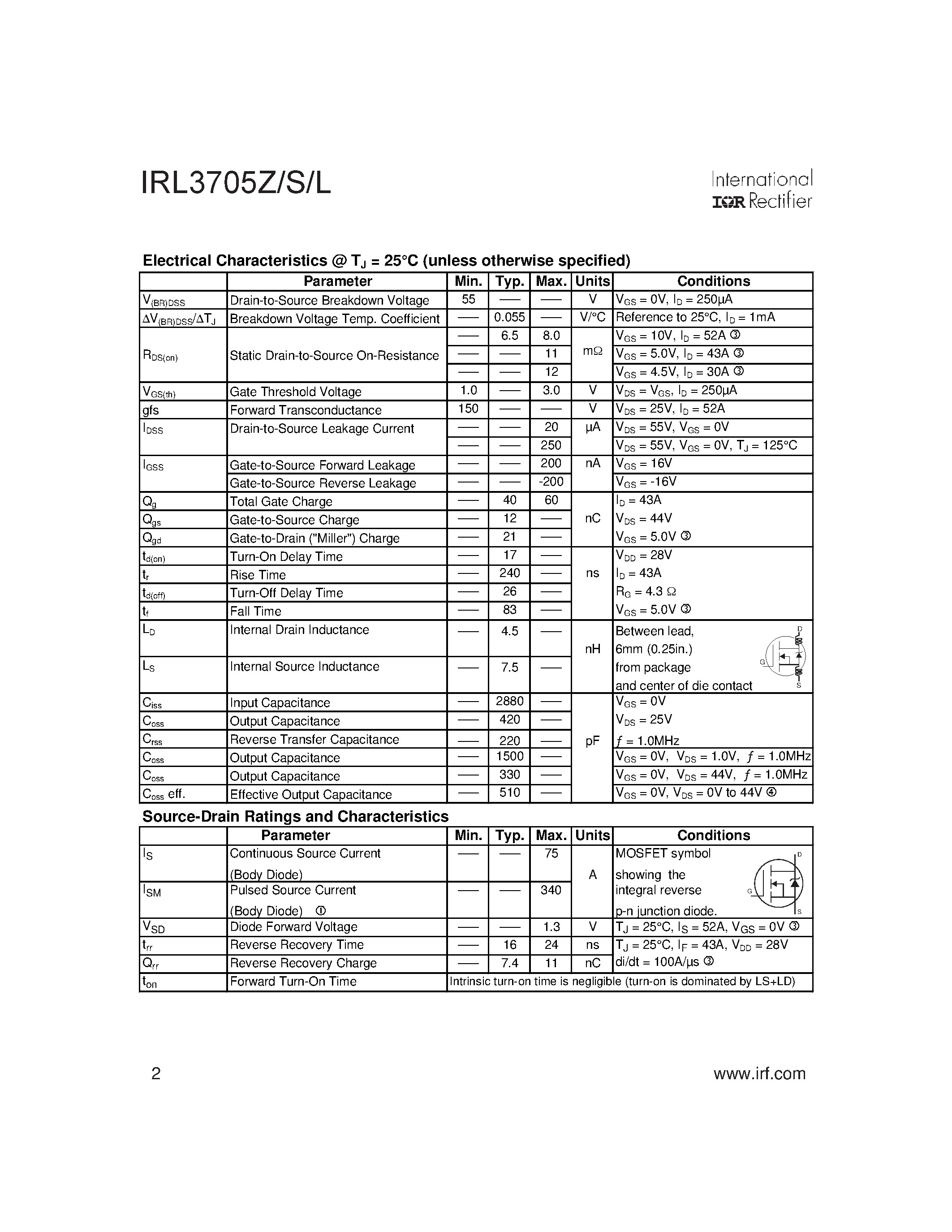 Datasheet IRL3705Z page 2 Datasheet IRL3705Z - AUTOMOTIVE MOSFET page 2
