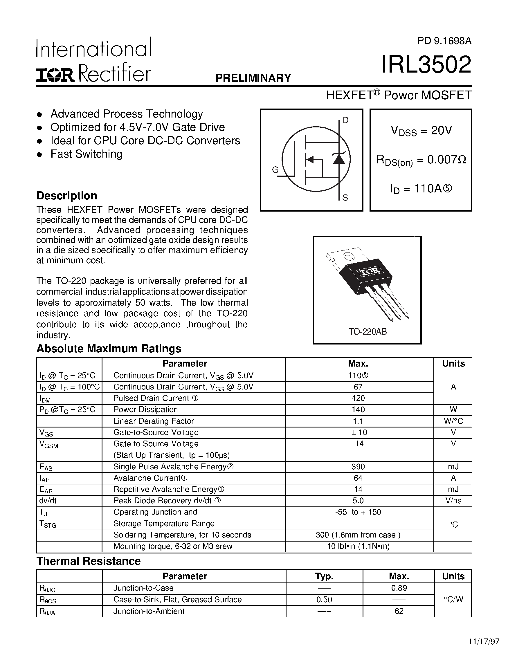 Datasheet IRL3502 - HEXFET Power MOSFET page 1