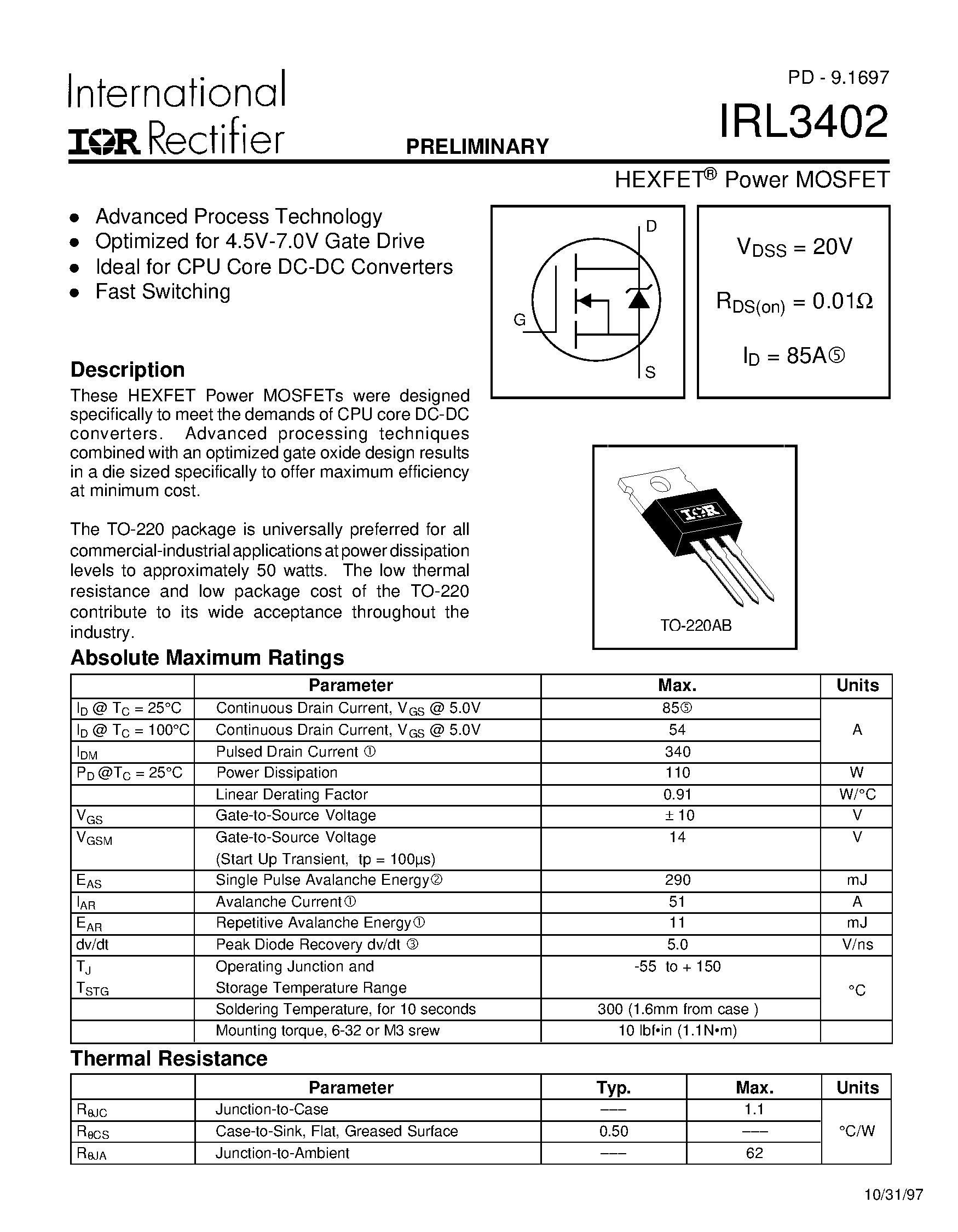 Datasheet IRL3402 - HEXFET Power MOSFET page 1