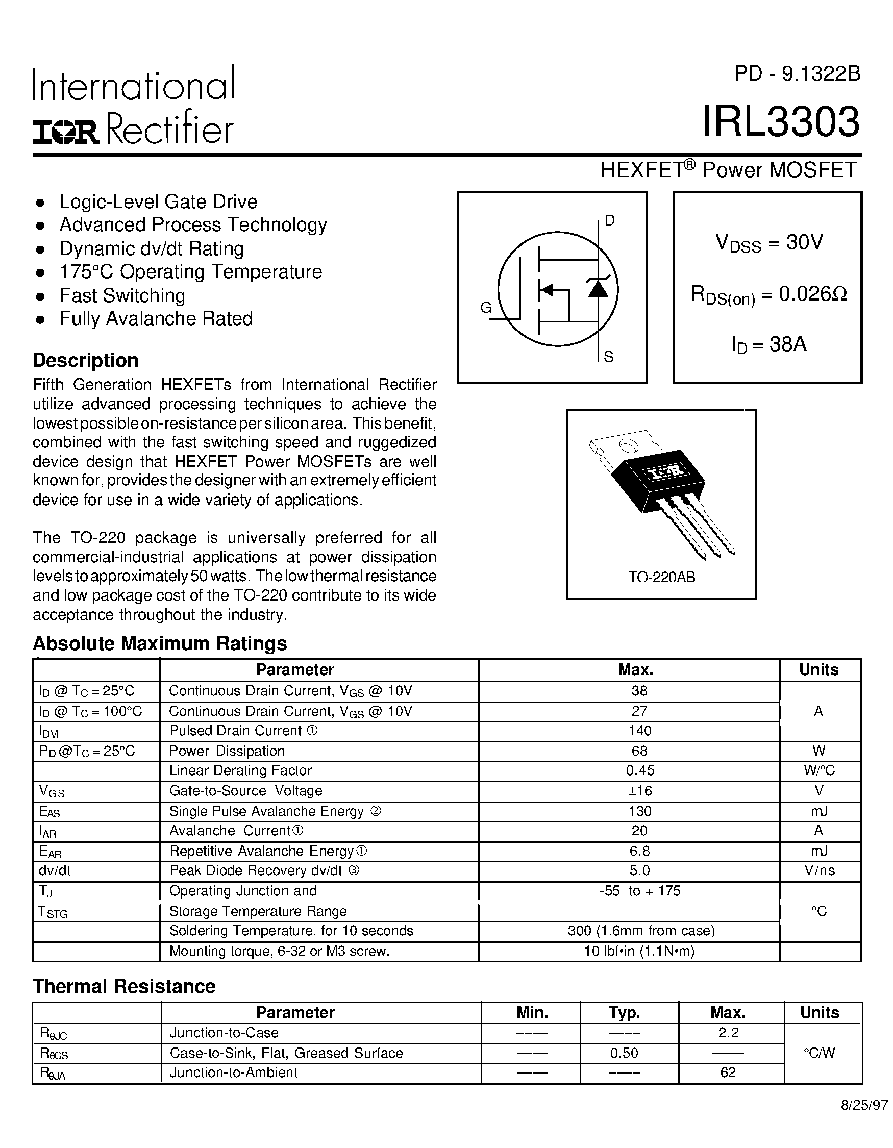 Datasheet IRL3303 - HEXFET POWER MOSFET page 1