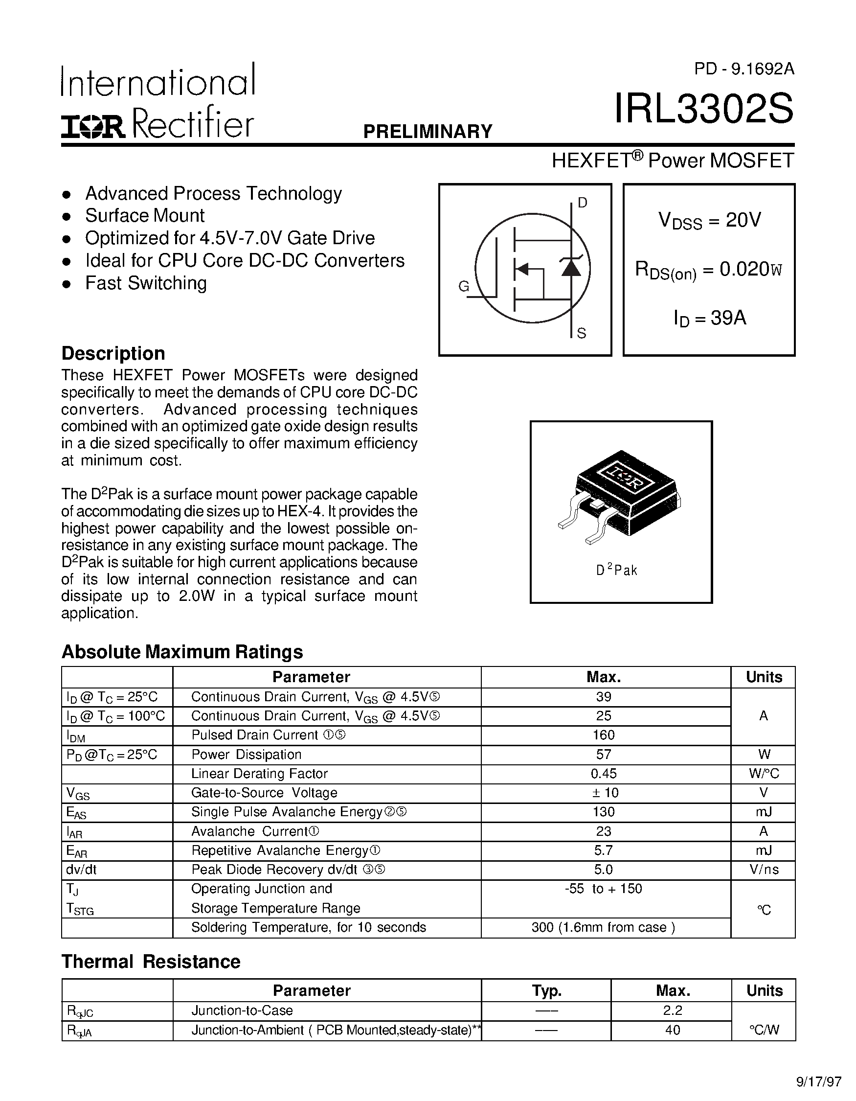 Datasheet IRL3302S - HEXFET Power MOSFET page 1