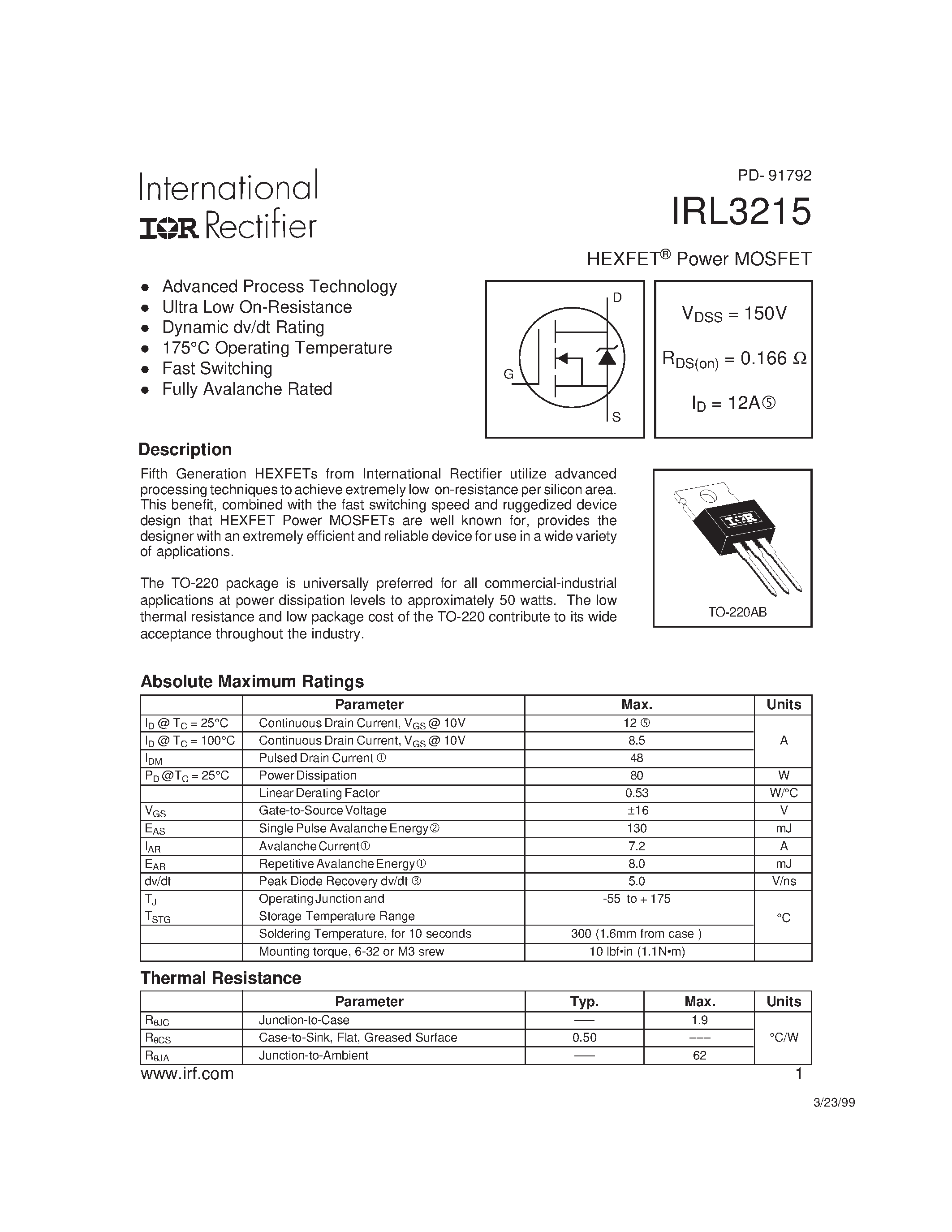 Datasheet IRL3215 - HEXFET Power MOSFET page 1