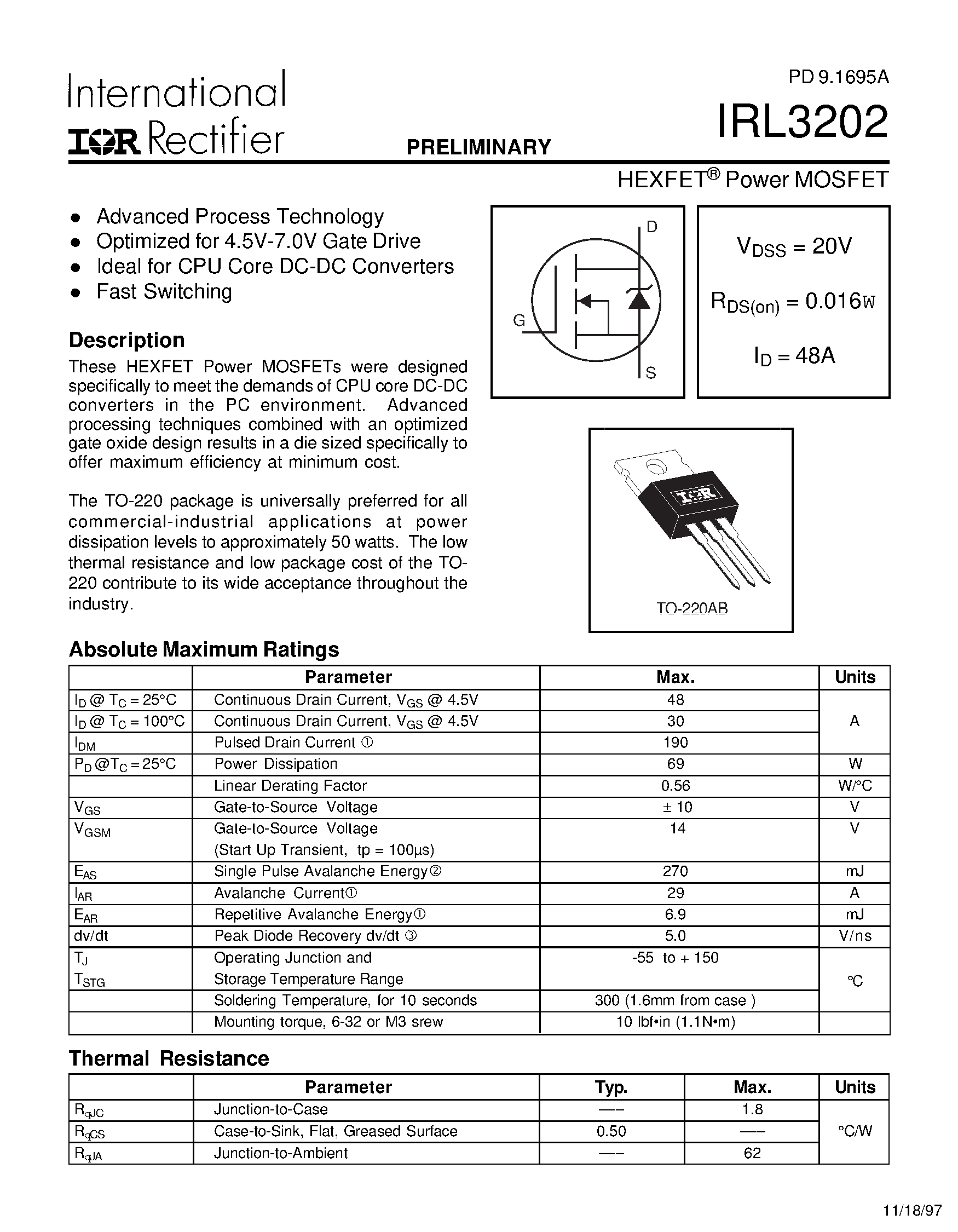 Datasheet IRL3202 - HEXFET Power MOSFET page 1