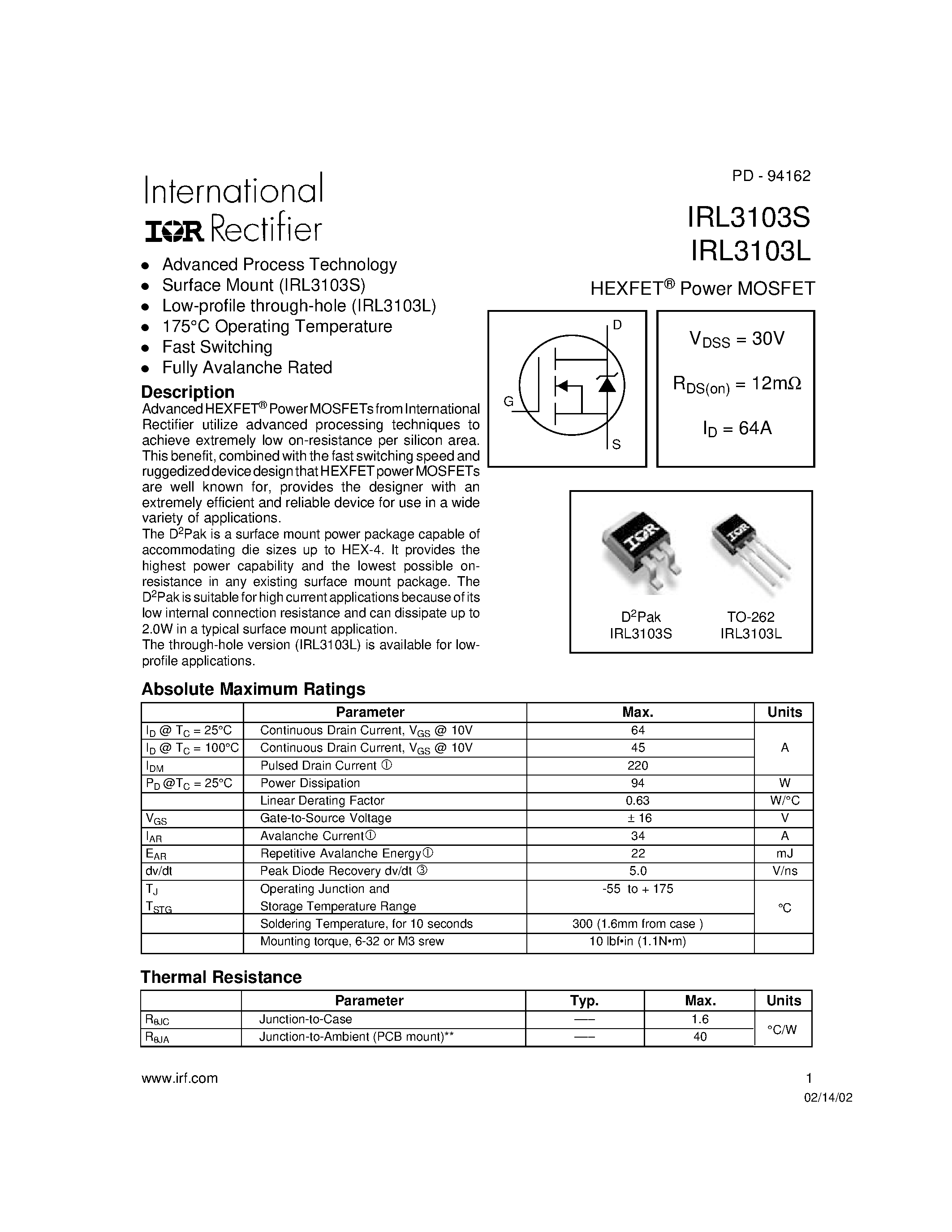 Datasheet IRL3103L - Power MOSFET page 1