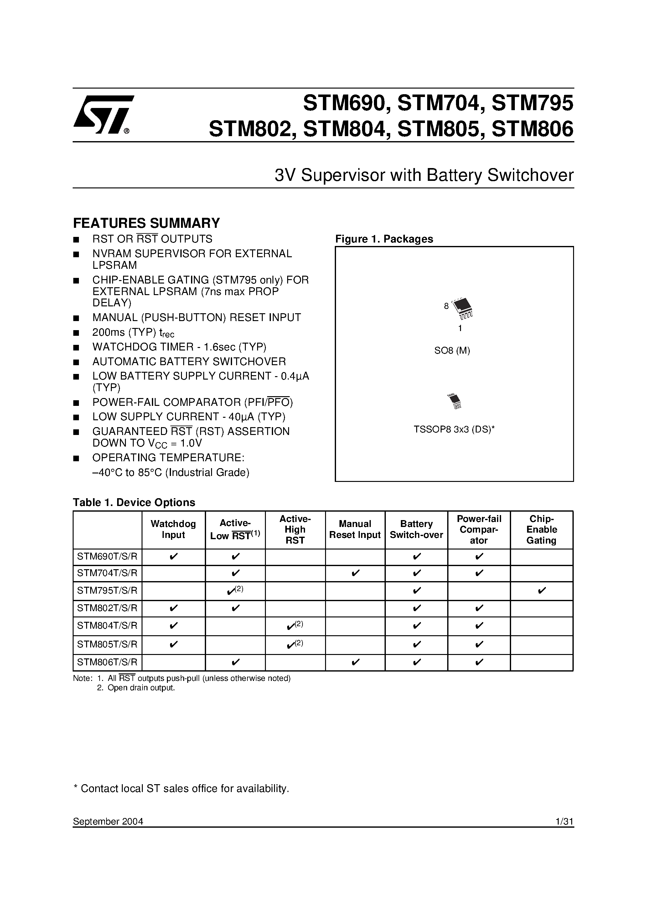 Datasheet STM690 - (STM690 - STM808) 3V Supervisor with Battery Switchover page 1