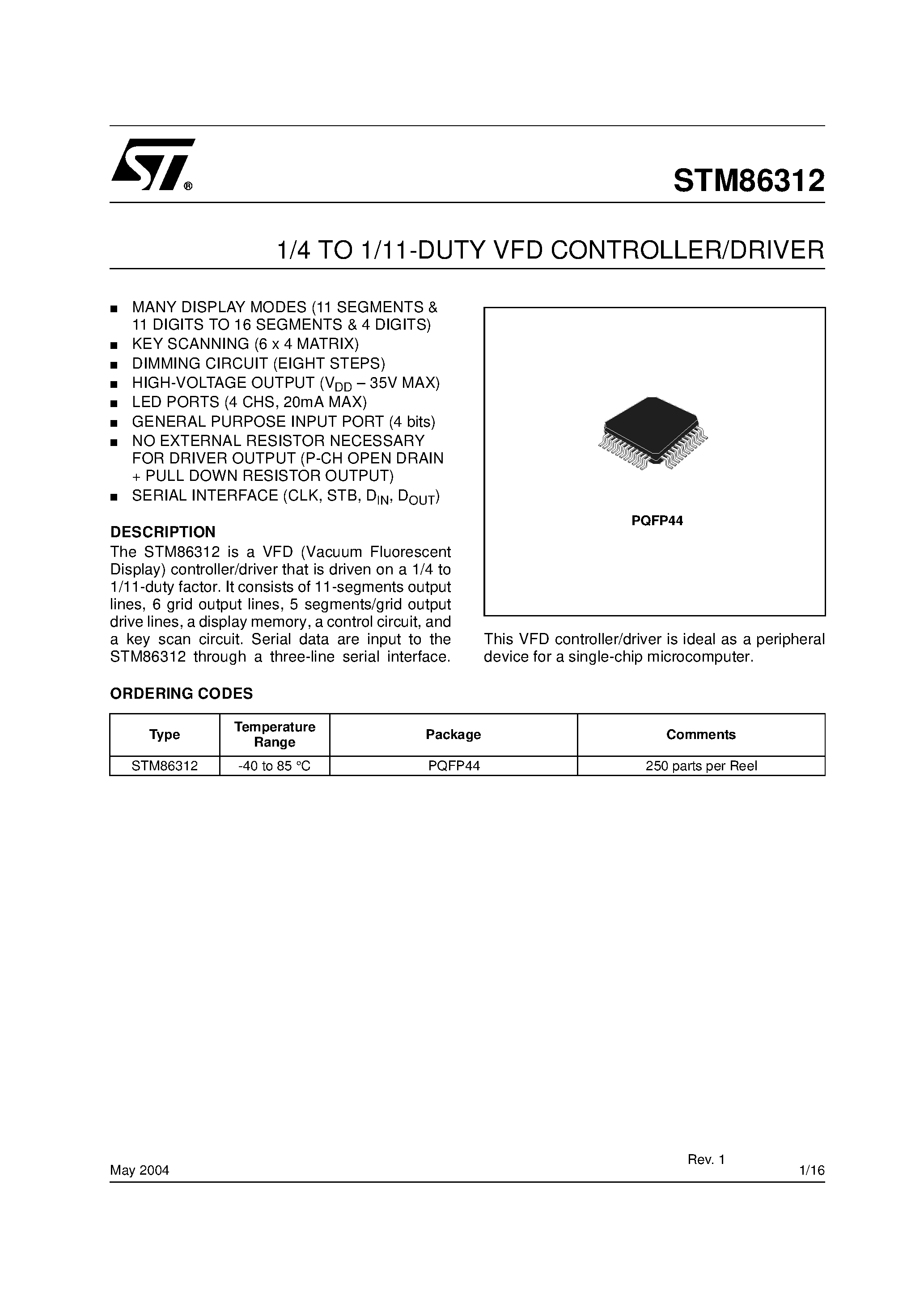 Datasheet STM86312 - 1/4 TO 1/11-DUTY VFD CONTROLLER/DRIVER page 1