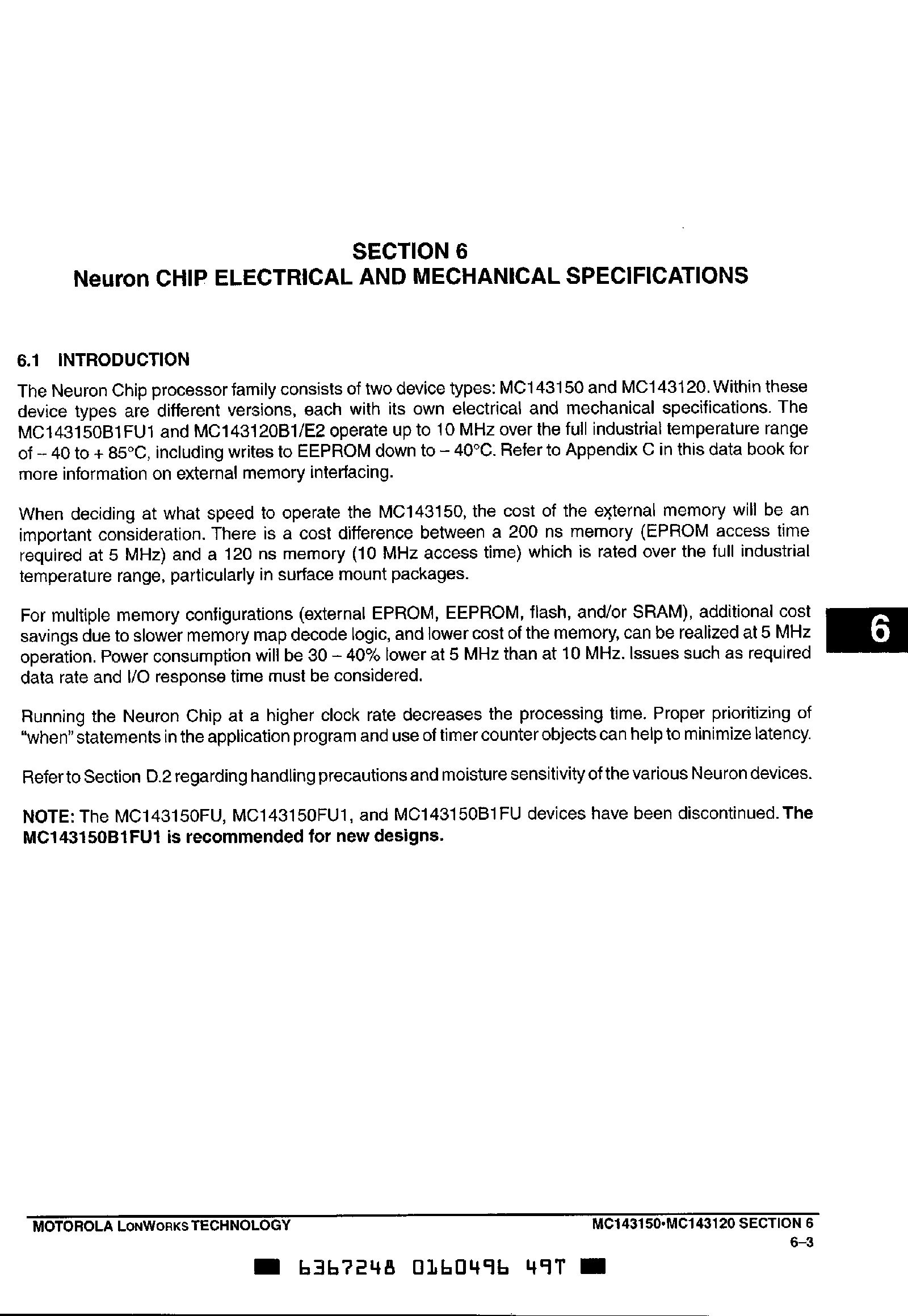 Даташит MC143120B1FU1 - NEURON CHIP ELECTRICAL AND MECHANICAL SPECIFICATIONS страница 1