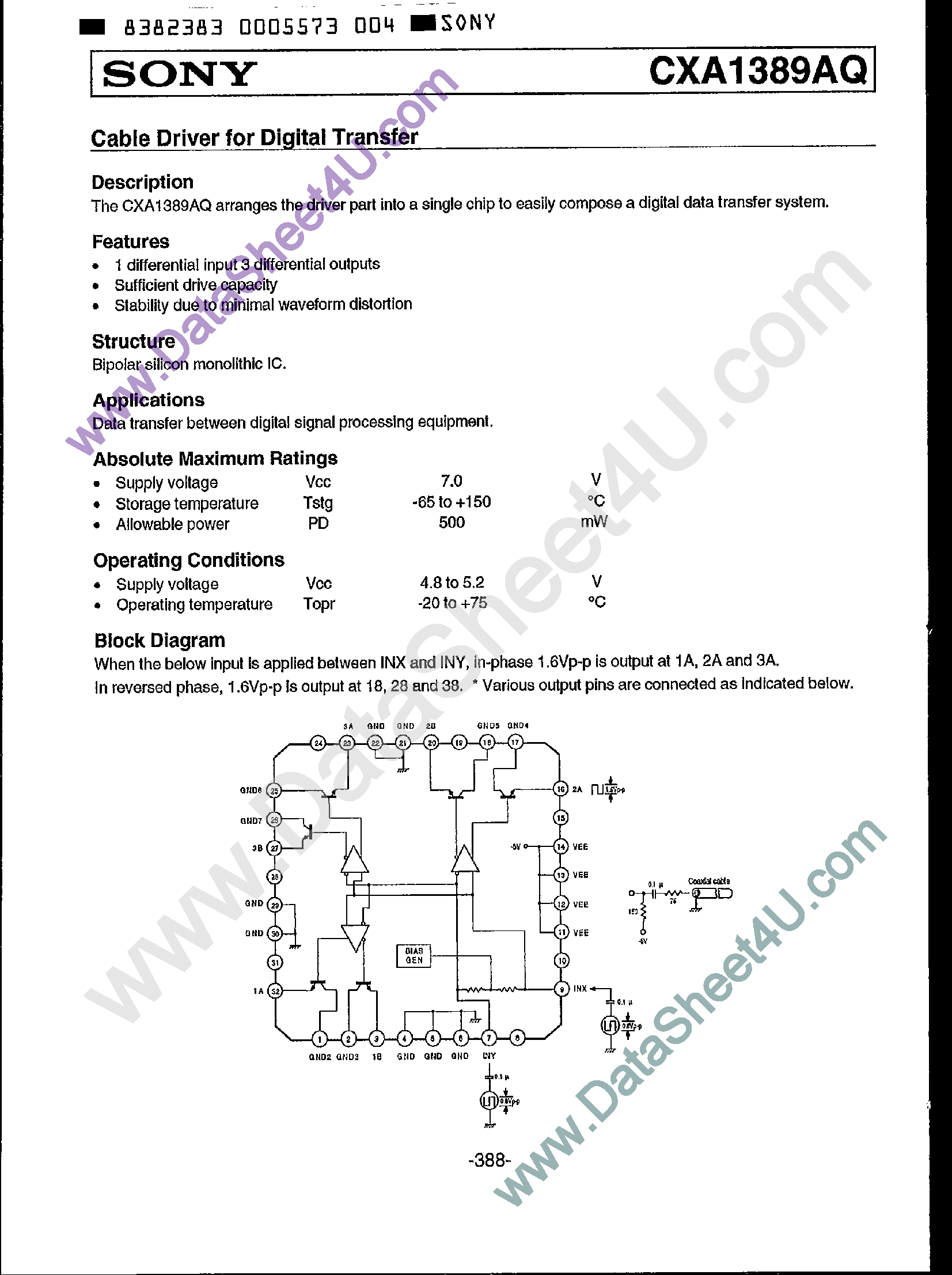 Даташит CXA1389AQ - Cable Driver for Digital Transfer страница 1