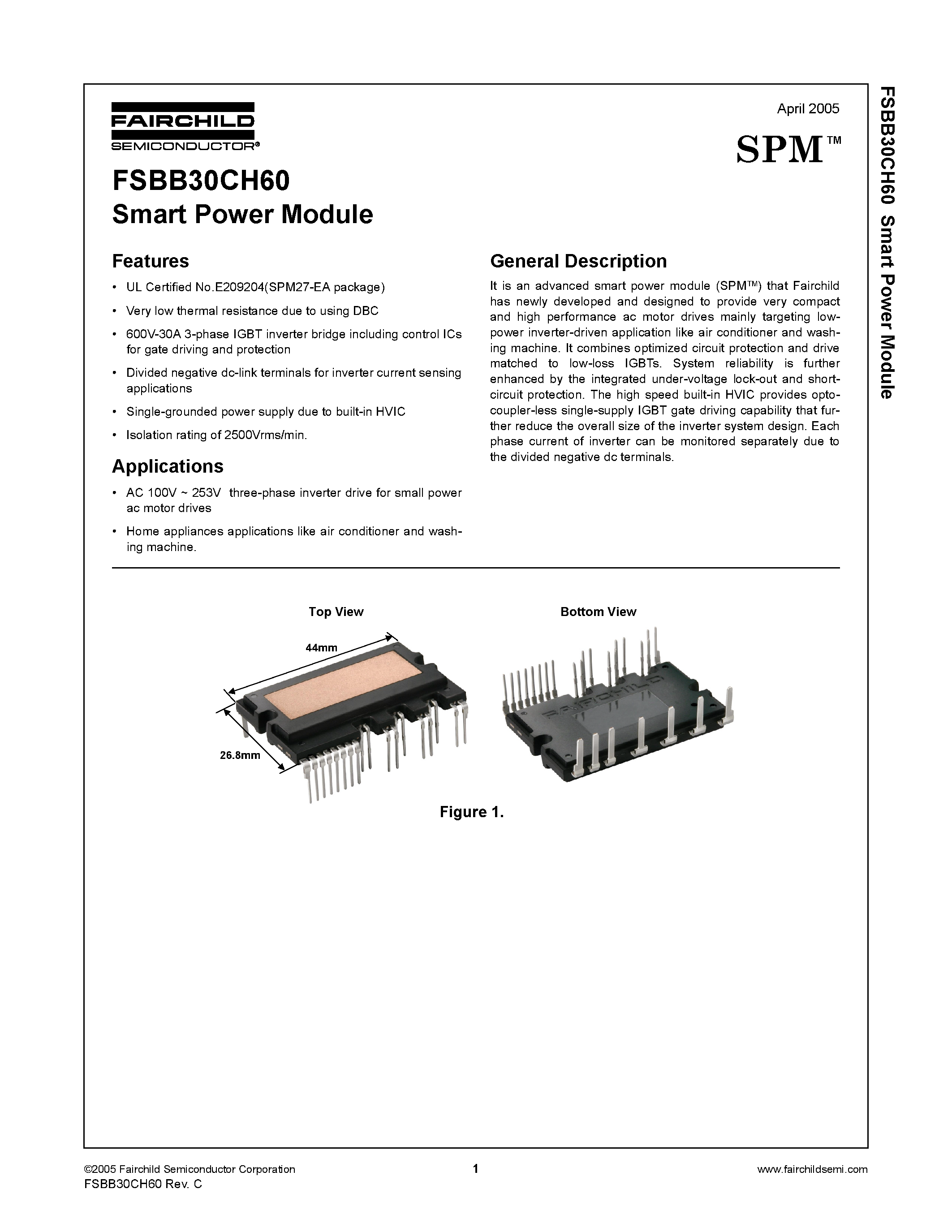 Даташит на микросхему FSBB30CH60 страница 1 Даташит FSBB30CH60 - Smart Power Module страница 1