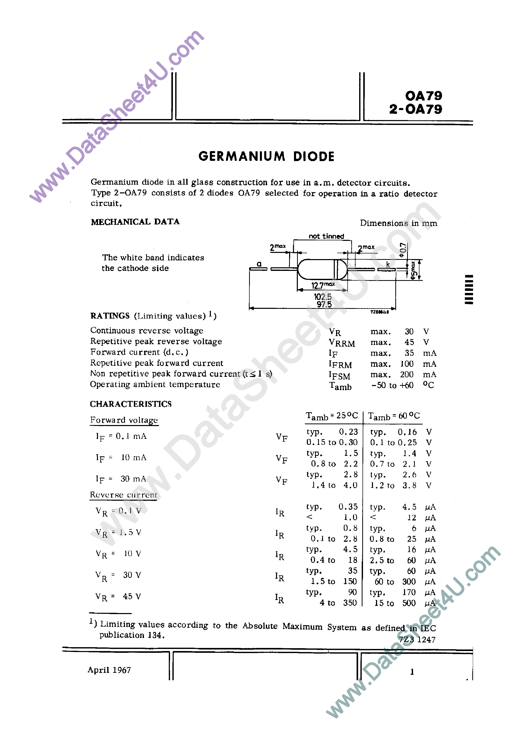 Datasheet OA79 - Germanium Diode page 1