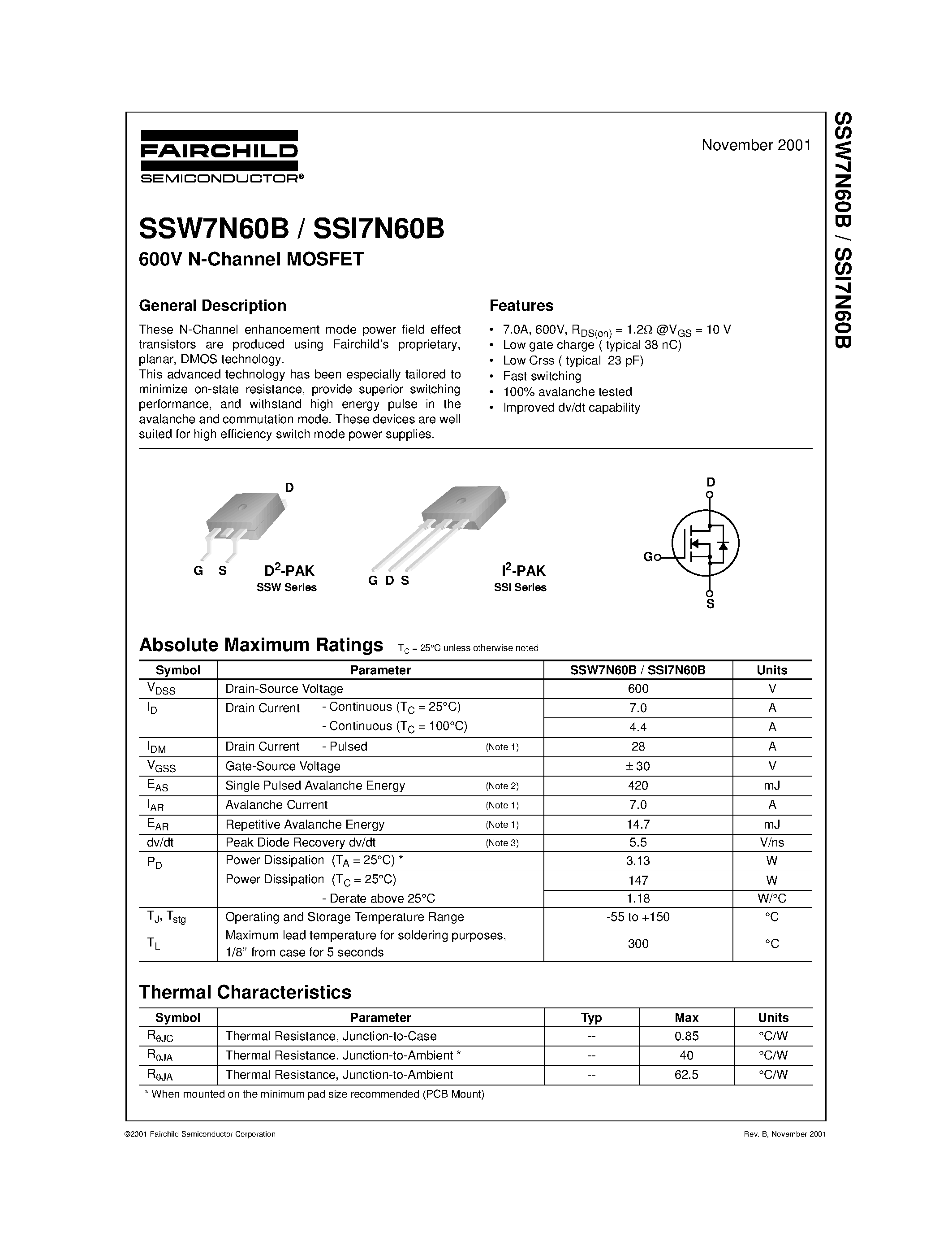 Даташит SSW7N60B - 600V N-Channel MOSFET страница 1
