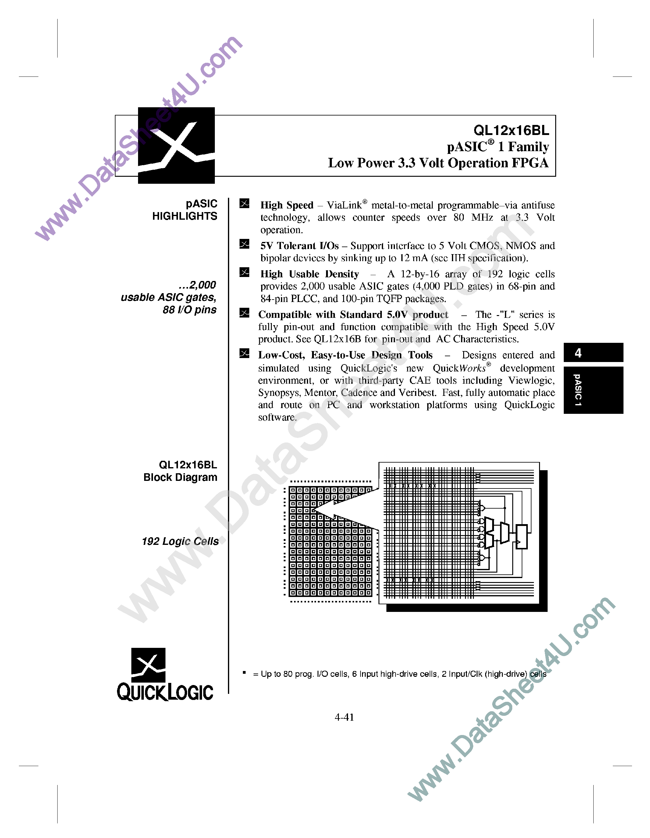 Datasheet QL12X16BL - Low Power 3.3 Volt Operation CMOS FPGA page 1