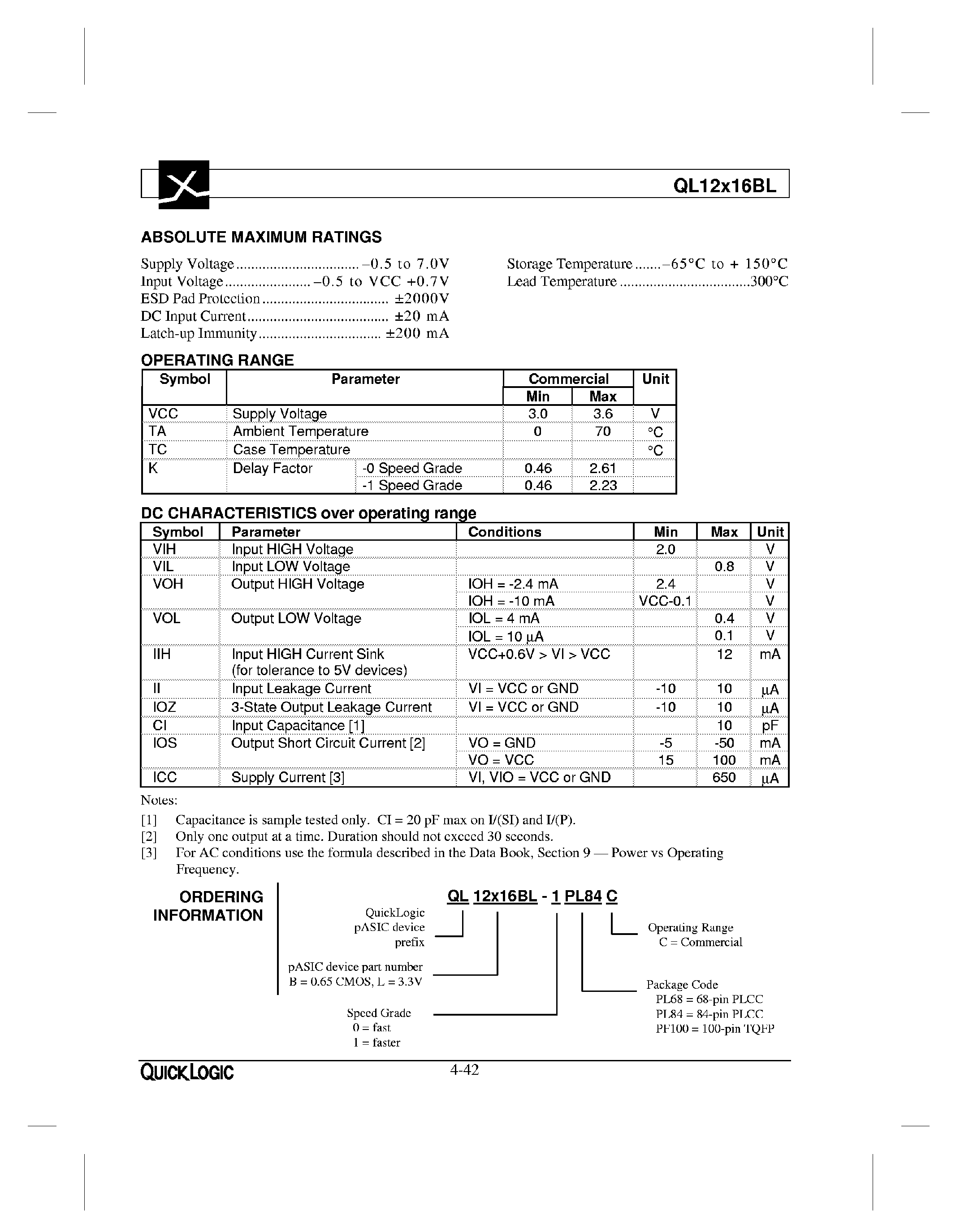 Datasheet QL12X16BL - Low Power 3.3 Volt Operation CMOS FPGA page 2