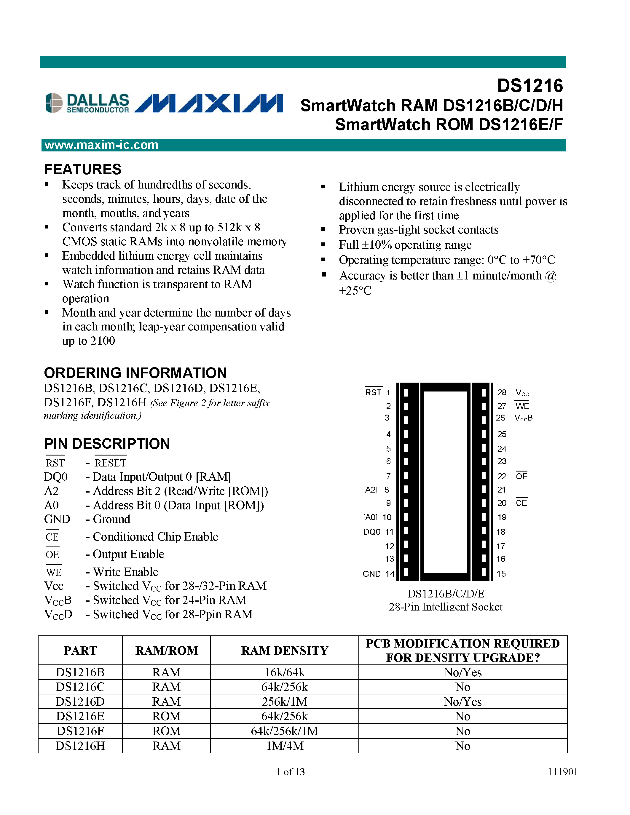Даташит DS1216 - SmartWatch RAM DS1216B/C/D/H SmartWatch ROM DS1216E/F страница 1