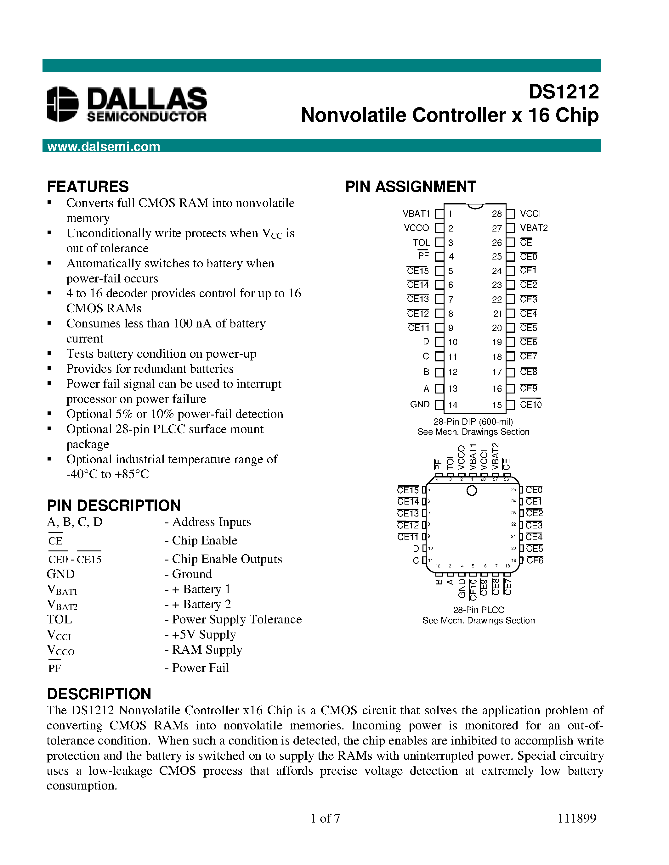 Даташит DS1212 - Nonvolatile Controller x 16 Chip страница 1