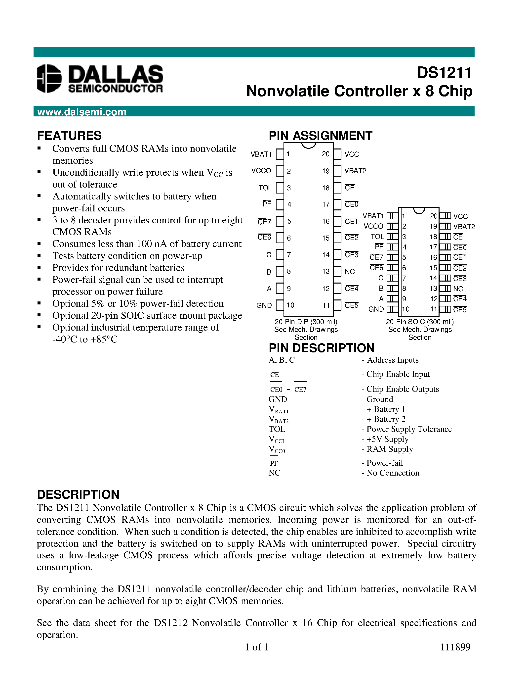 Даташит на микросхему DS1211 страница 1 Даташит DS1211 - Nonvolatile Controller x 8 Chip страница 1