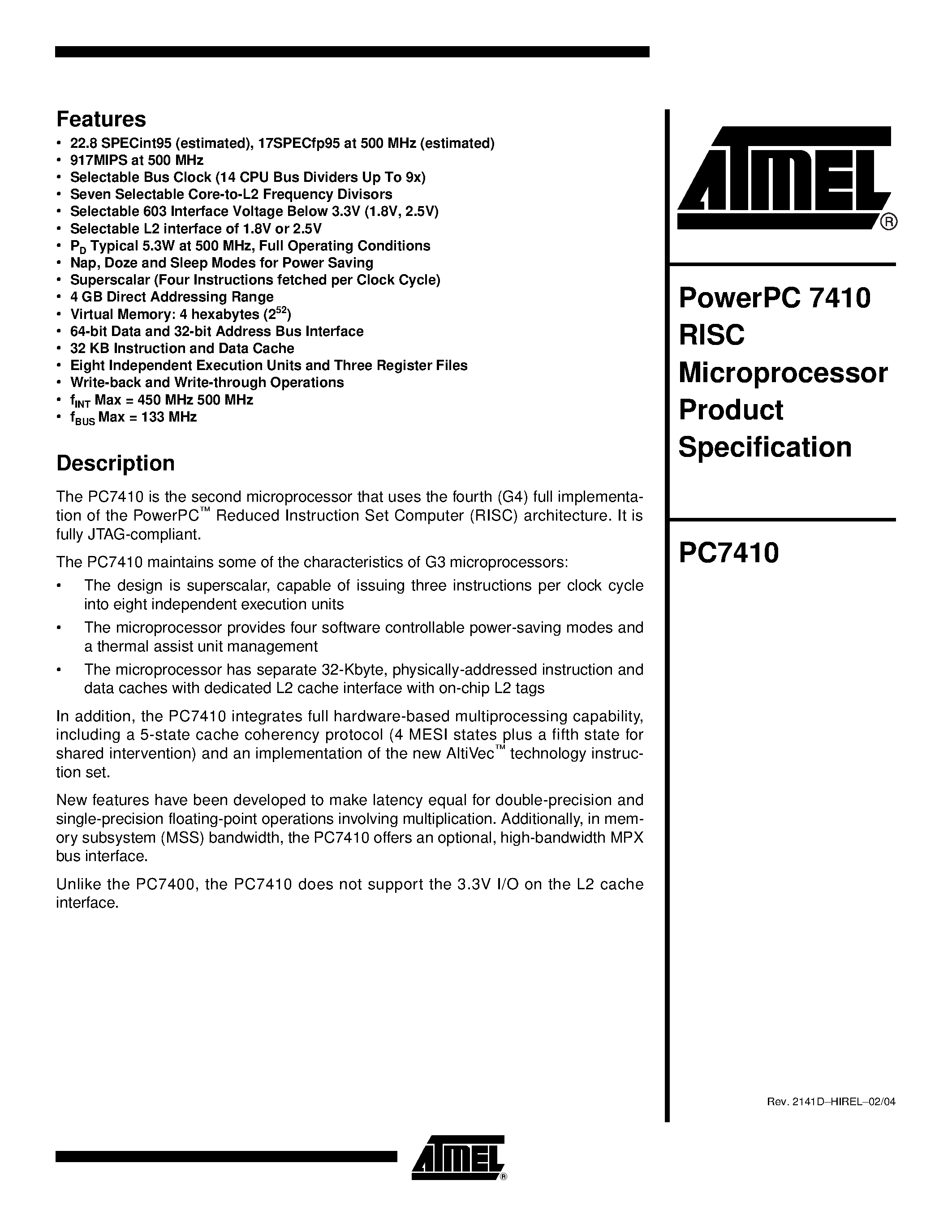 Даташит PC7410 - PowerPC 7410 RISC Microprocessor Product Specification страница 1