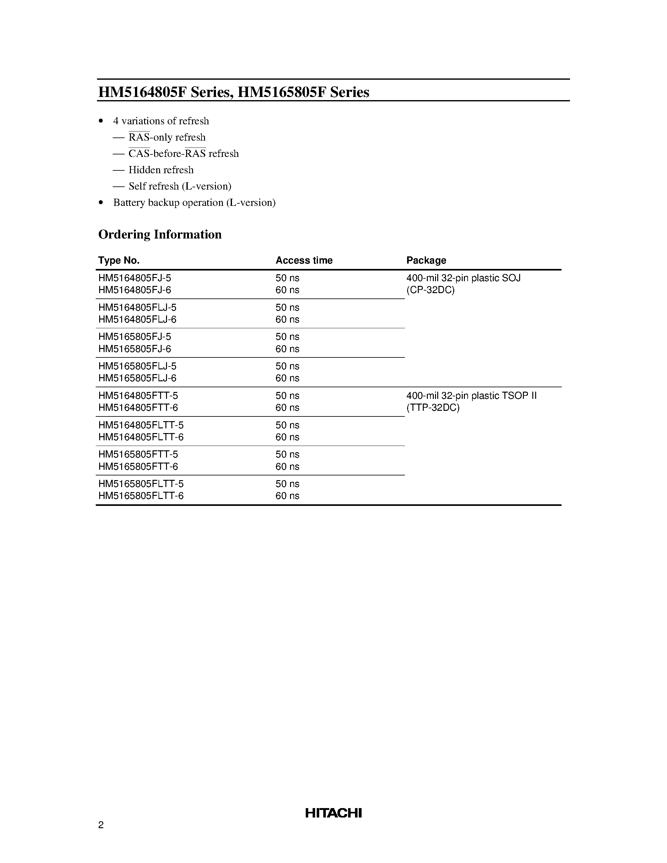 Даташит HM5164805F - (HM5164805F / HM5165805F) 64 MEDO DRAM (8-Mword X 8-bit) 8 k Refresh/4 k Refresh страница 2