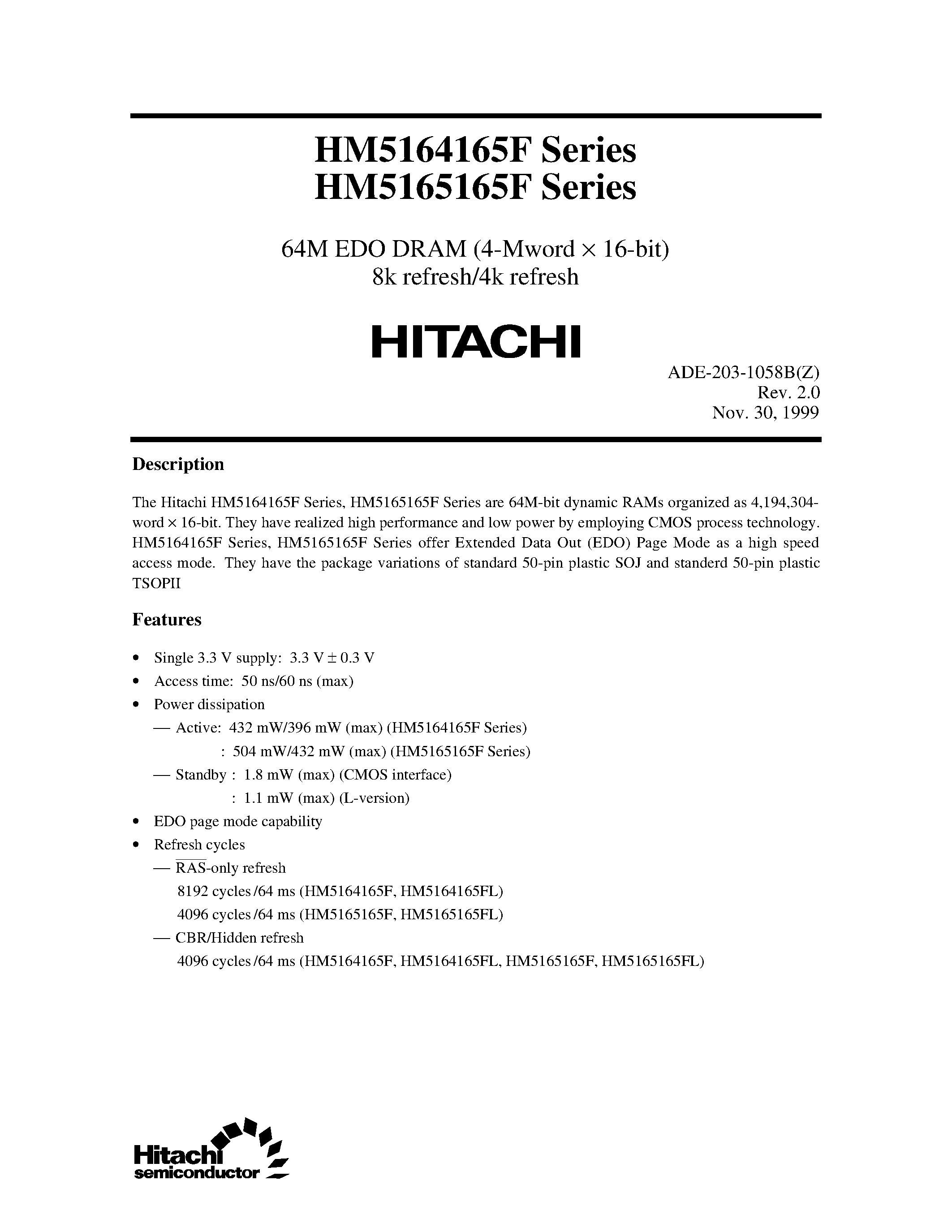 Даташит HM5164165F - (HM5164165F / HM5165165F) 64M EDO DRAM (4-Mword x 16-bit) 8k refresh/4k refresh страница 1