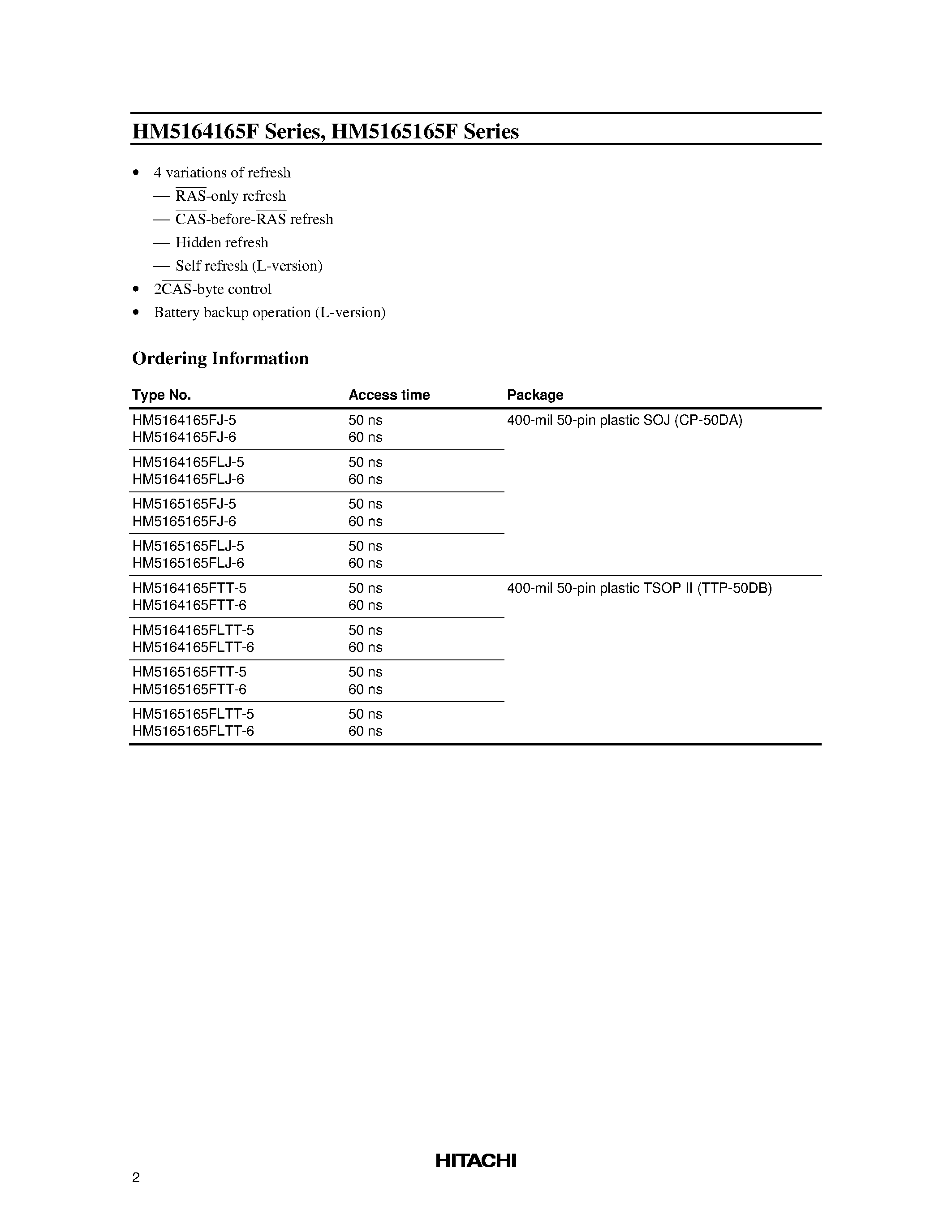 Даташит HM5164165F - (HM5164165F / HM5165165F) 64M EDO DRAM (4-Mword x 16-bit) 8k refresh/4k refresh страница 2