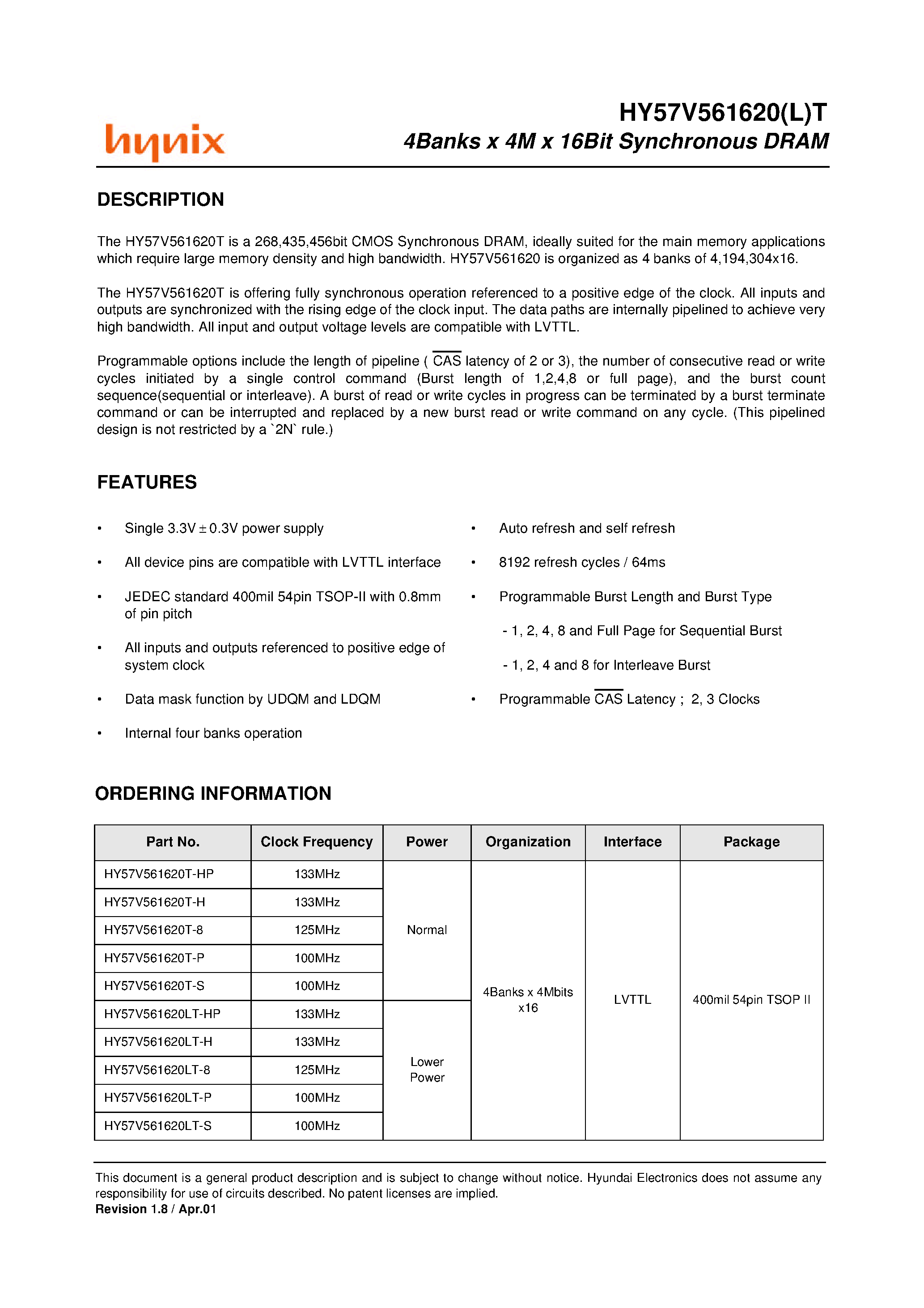 Datasheet HY57V561620 - 4Banks x 4M x 16Bit Synchronous DRAM page 1