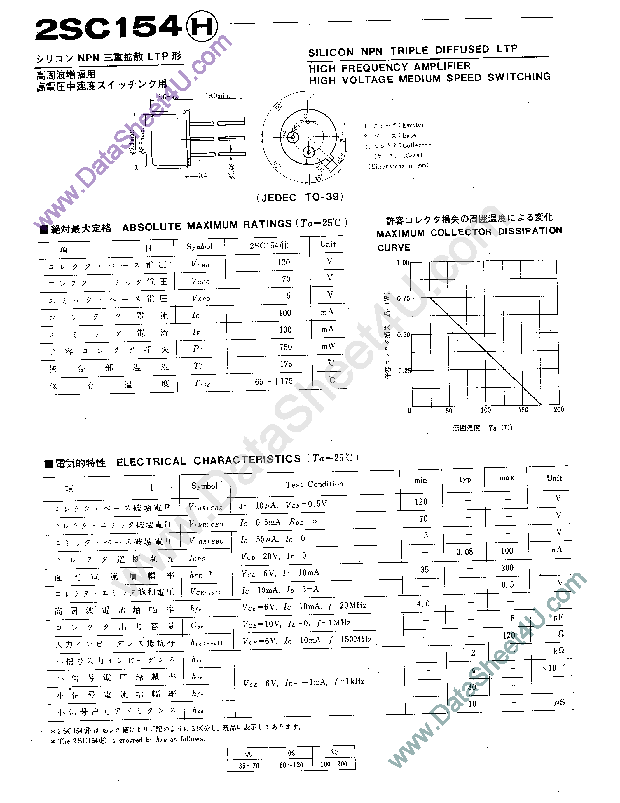 Datasheet 2SC154 - Silicon NPN 3-Diffused LTP page 1