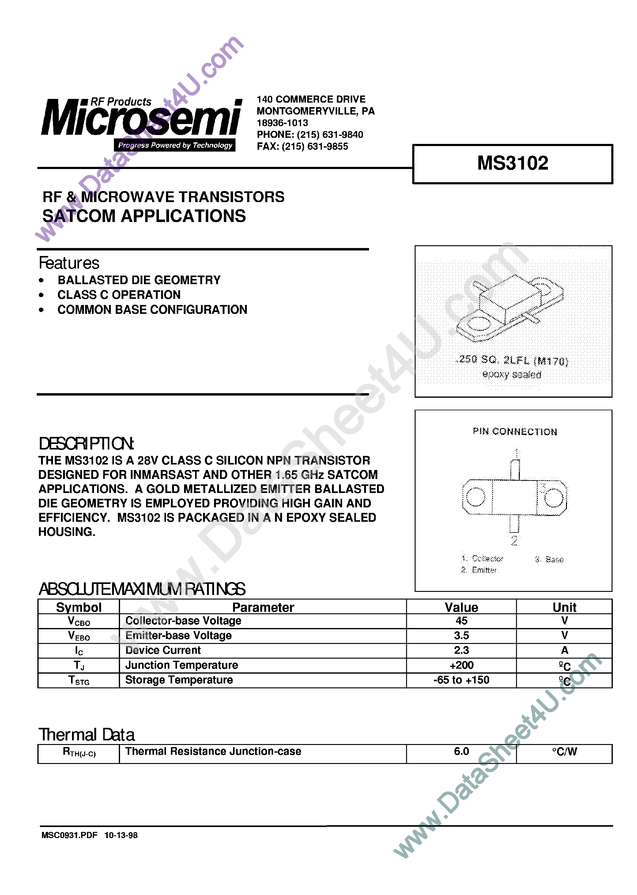 Datasheet MS3102 - RF Microwave Transistors page 1