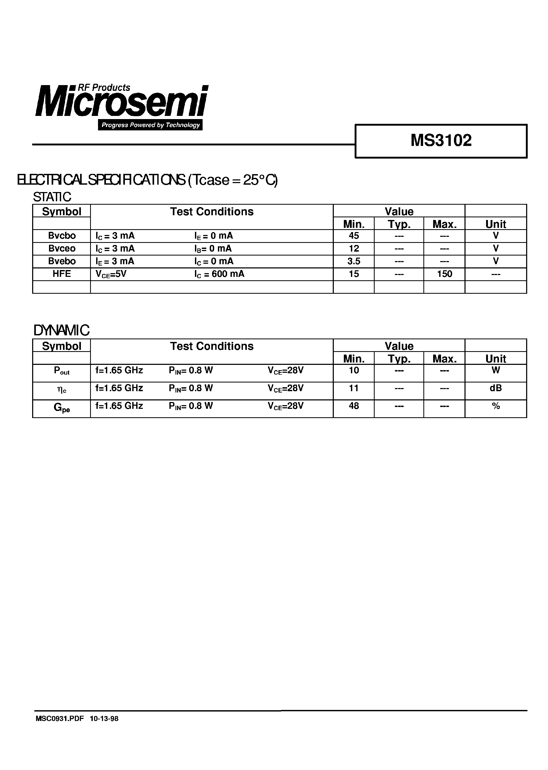 Datasheet MS3102 - RF Microwave Transistors page 2