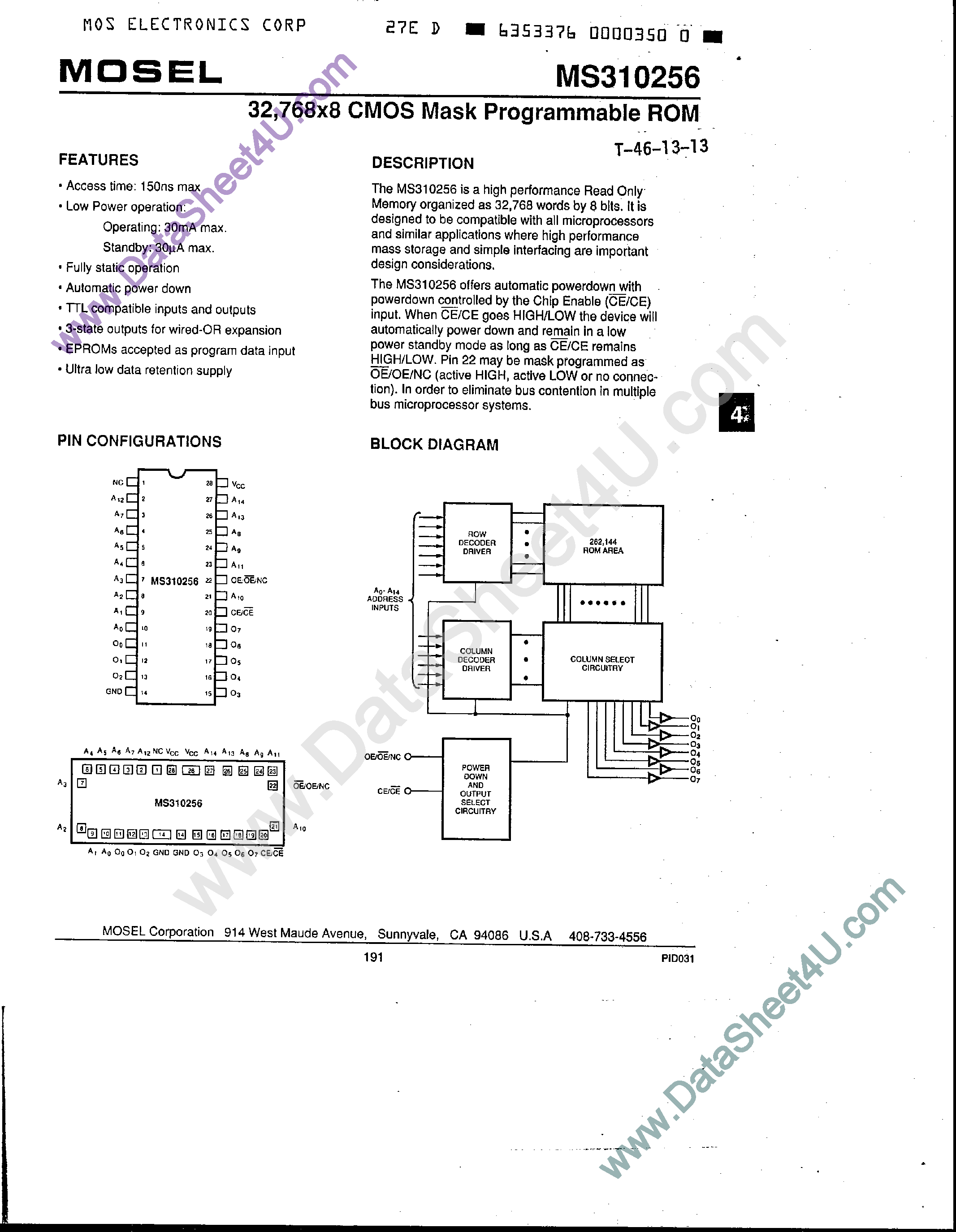Datasheet MS310256 - 32768 x 8 CMOS Mask Programmable ROM page 1