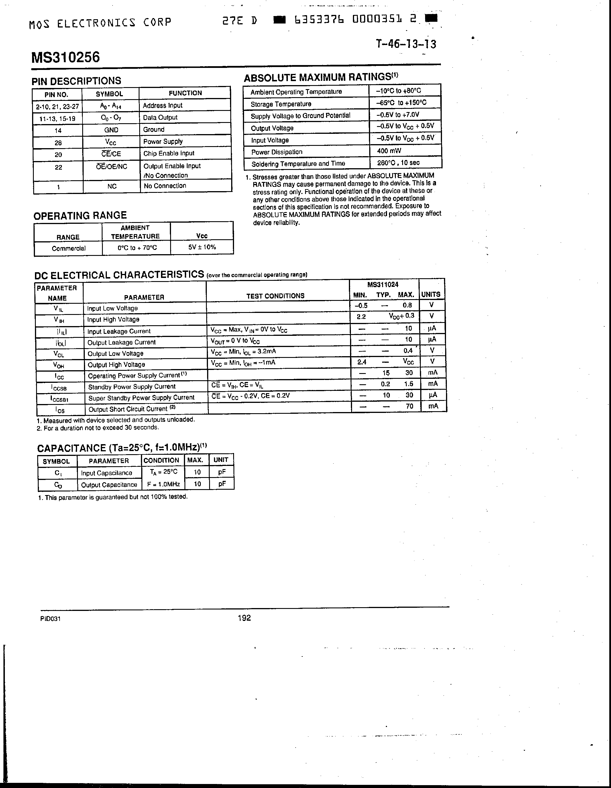 Datasheet MS310256 - 32768 x 8 CMOS Mask Programmable ROM page 2