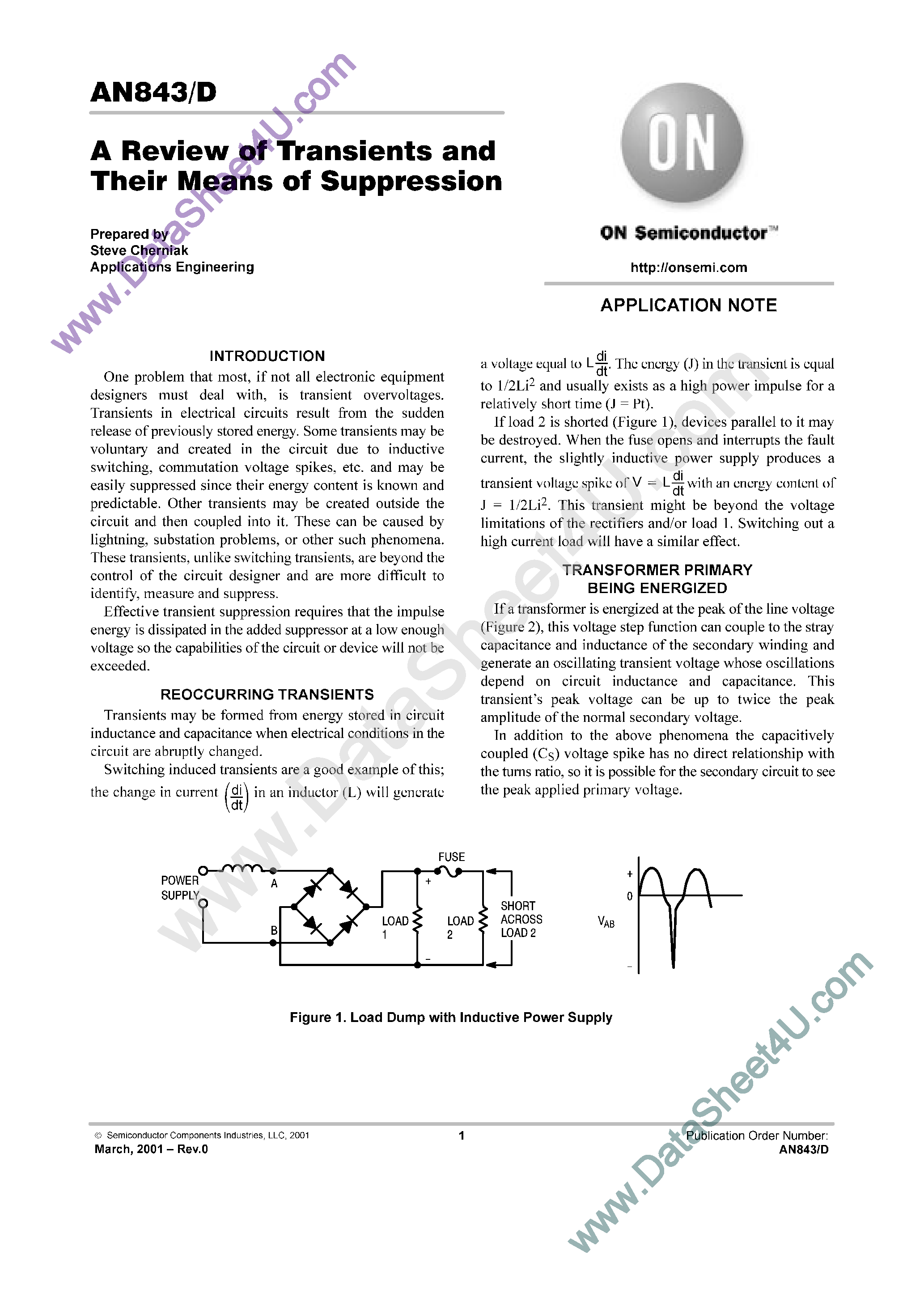 Datasheet AN843 - A Review of Transients and Their Means of Suppression page 1