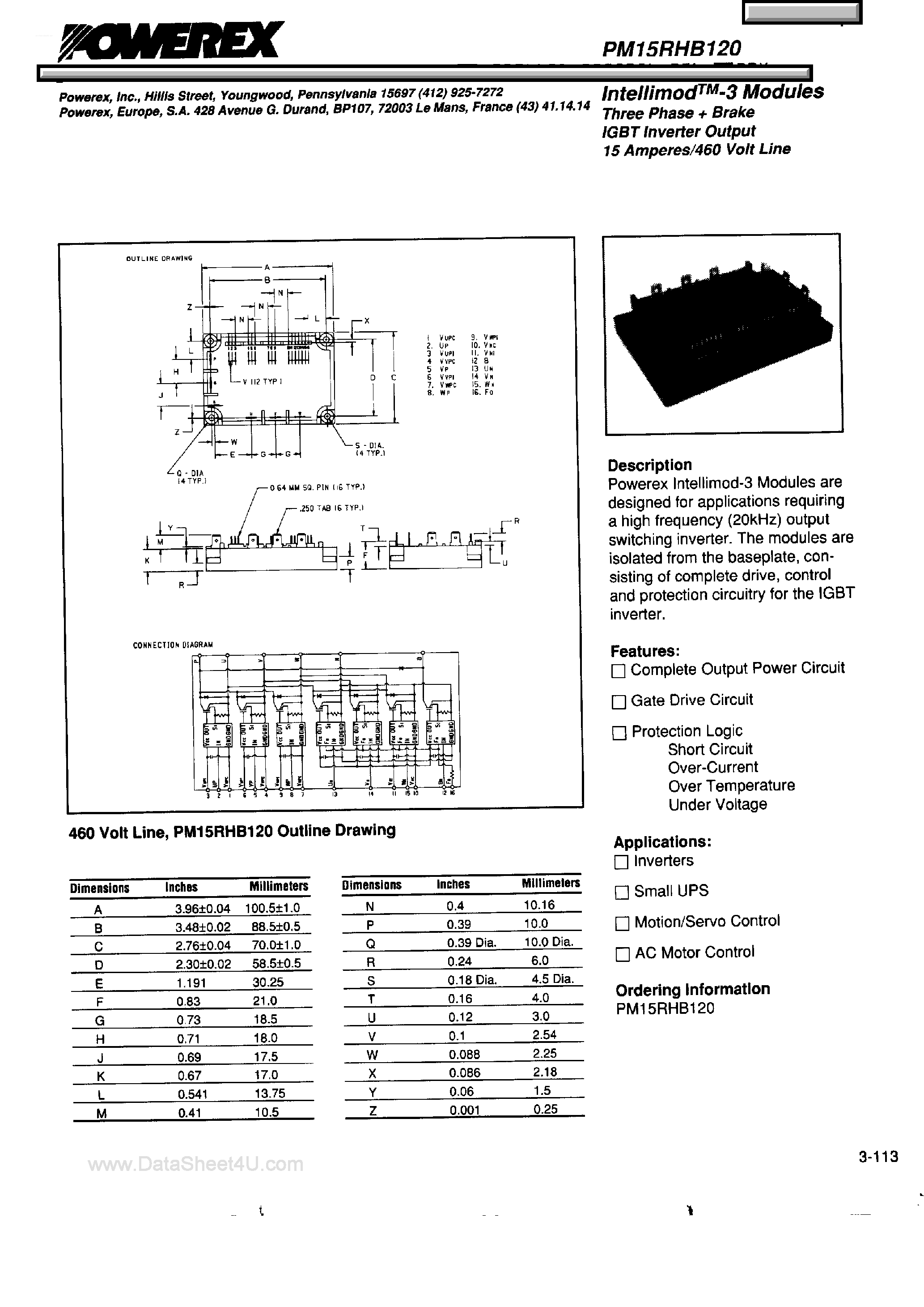 Datasheet PM15RHB120 - 3-Phase + Brake IGBT Inverter Output page 1