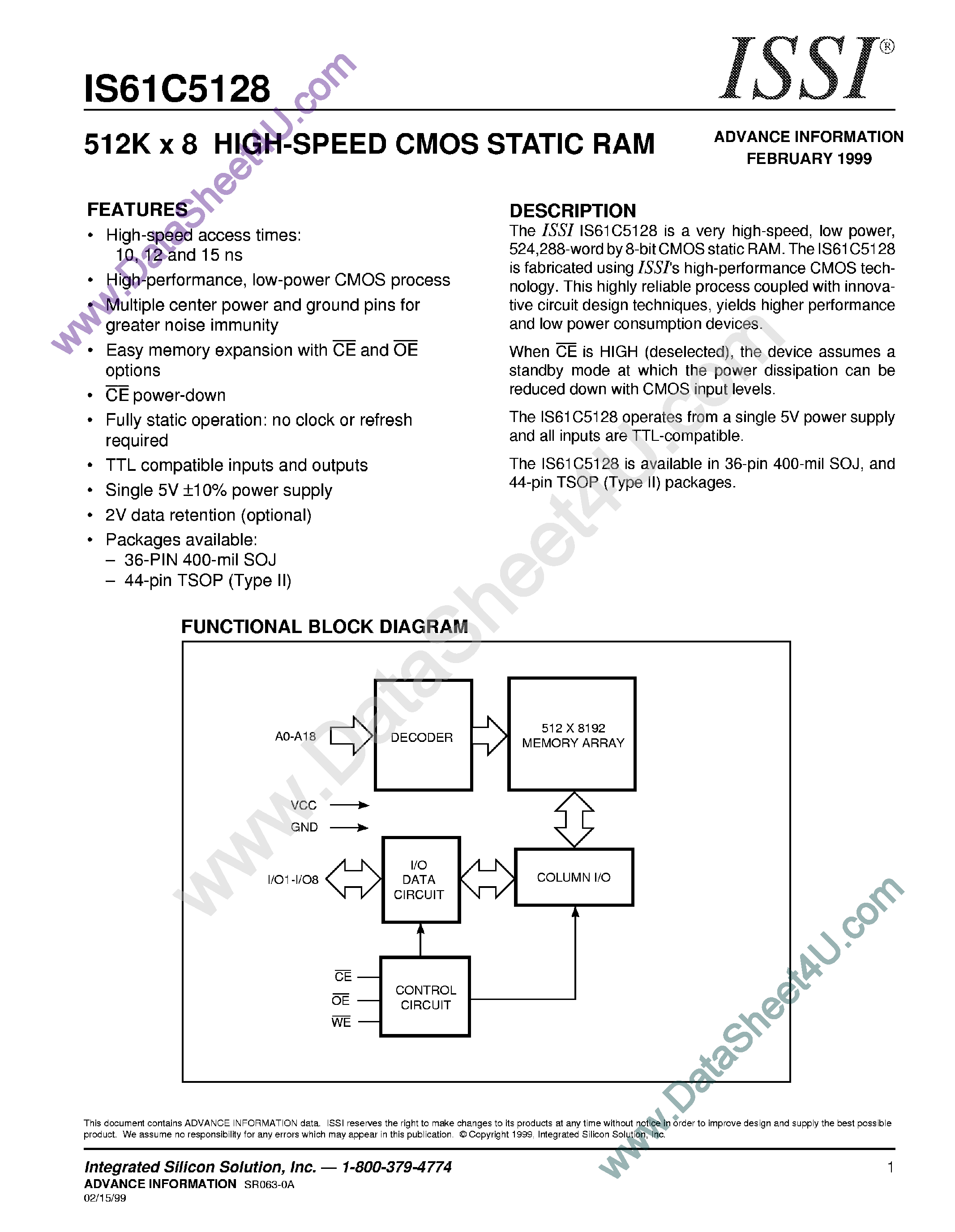 Даташит IS61C5128 - 512K x 8 High Speed CMOS Static RAM страница 1