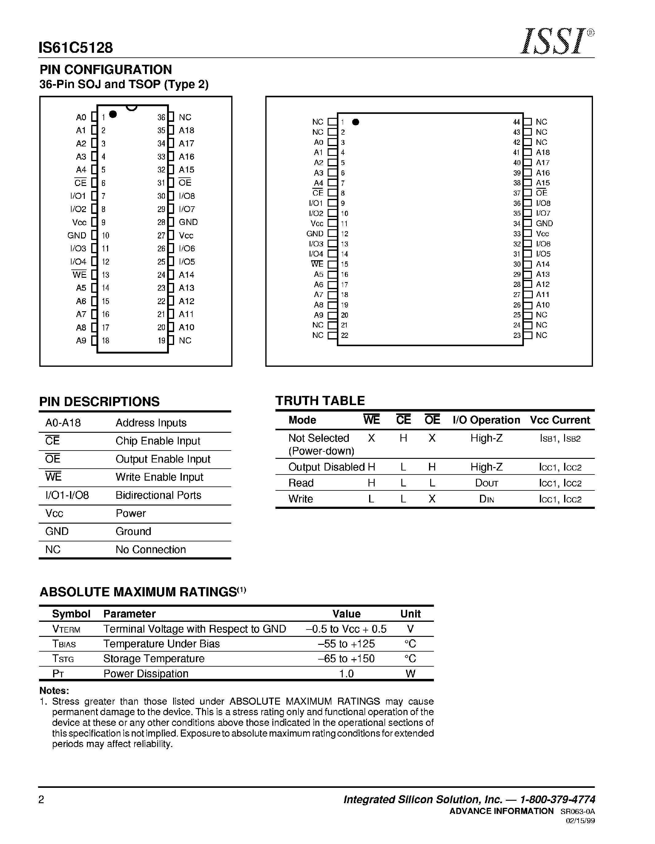 Даташит IS61C5128 - 512K x 8 High Speed CMOS Static RAM страница 2