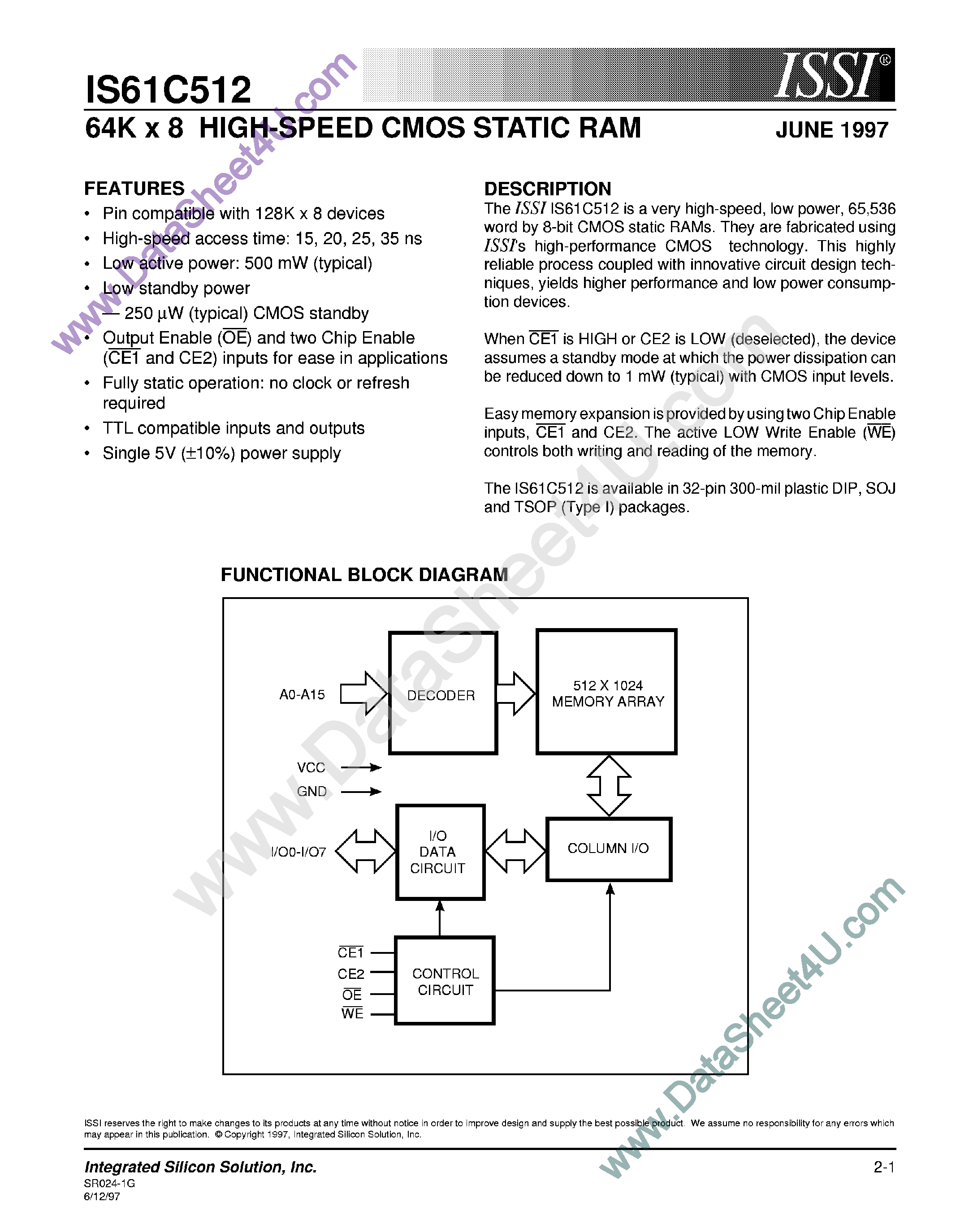 Даташит IS61C512 - 64K x 8 High Speed CMOS Static RAM страница 1