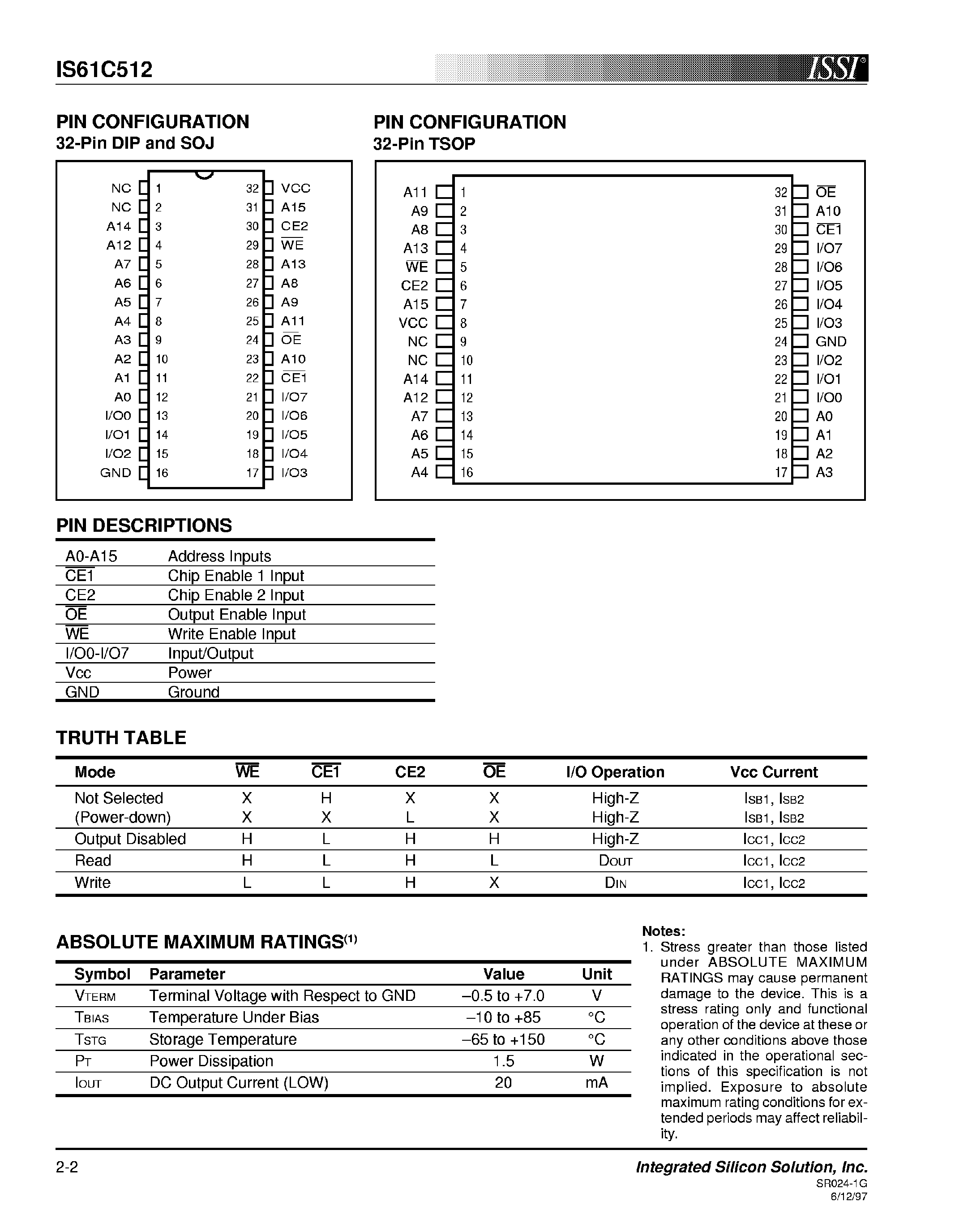 Даташит IS61C512 - 64K x 8 High Speed CMOS Static RAM страница 2