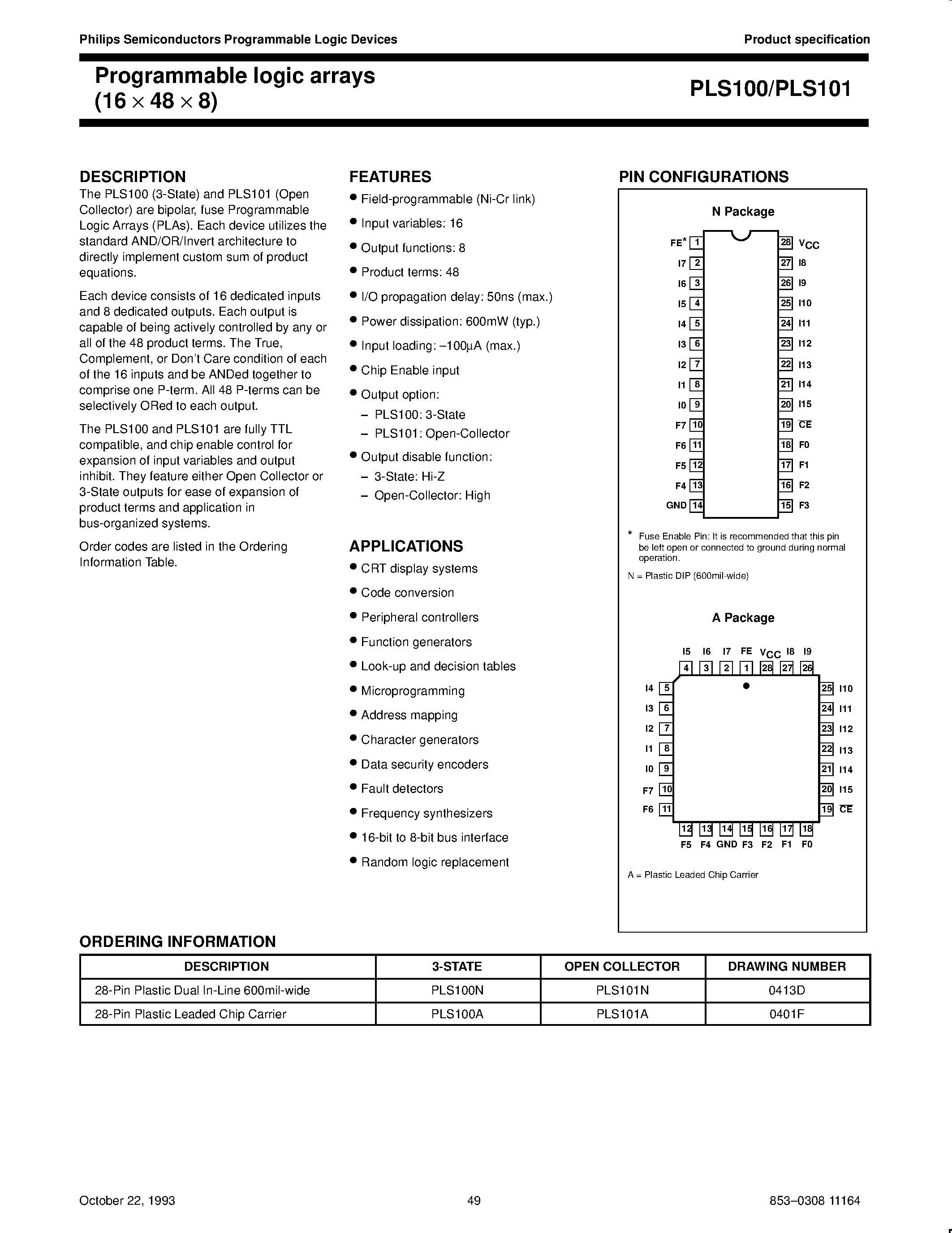 Datasheet PLS100 - (PLS100 / PLS101) Programmable logic arrays 16 x 48 x 8 page 1