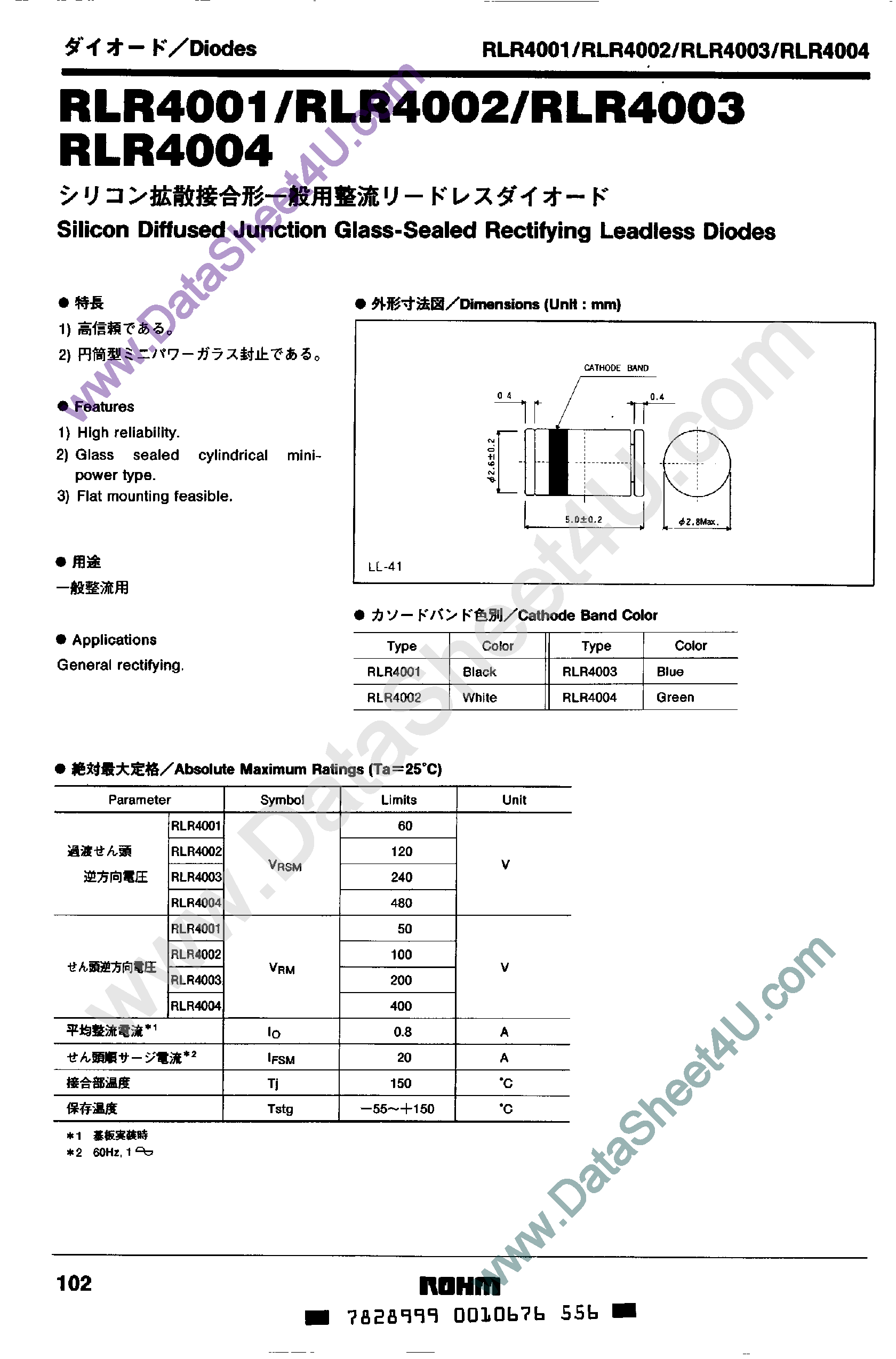 Datasheet RLR4001 - (RLR4001 - RLR4004) Silicon Diffused Hunction Glass-Sealed Rectifying Leading Diodes page 1