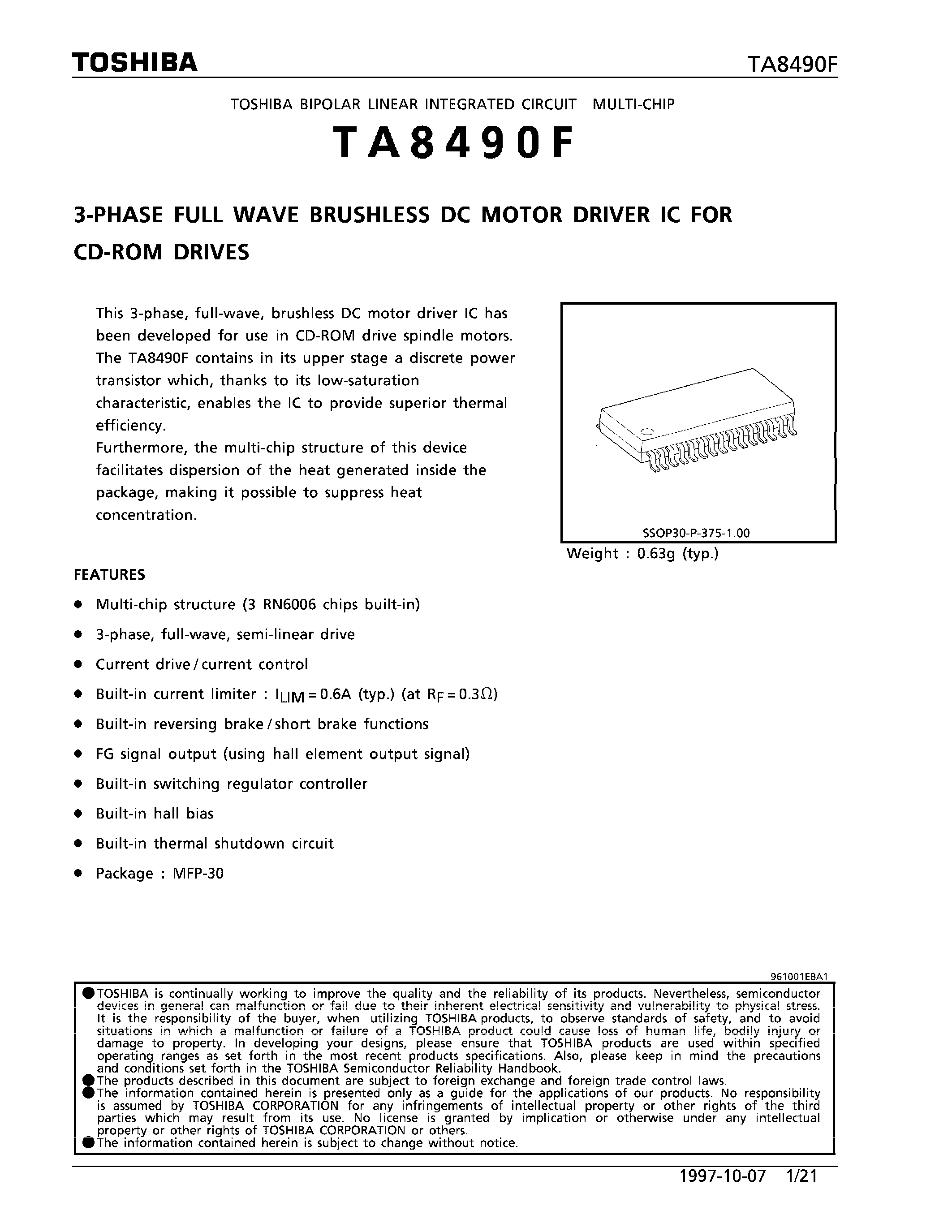 Datasheet TA8490F - 3-PHASE FULL WAVE BRUSHLESS DC MOTOR DRIVER IC FOR CD-ROM DRIVES page 1
