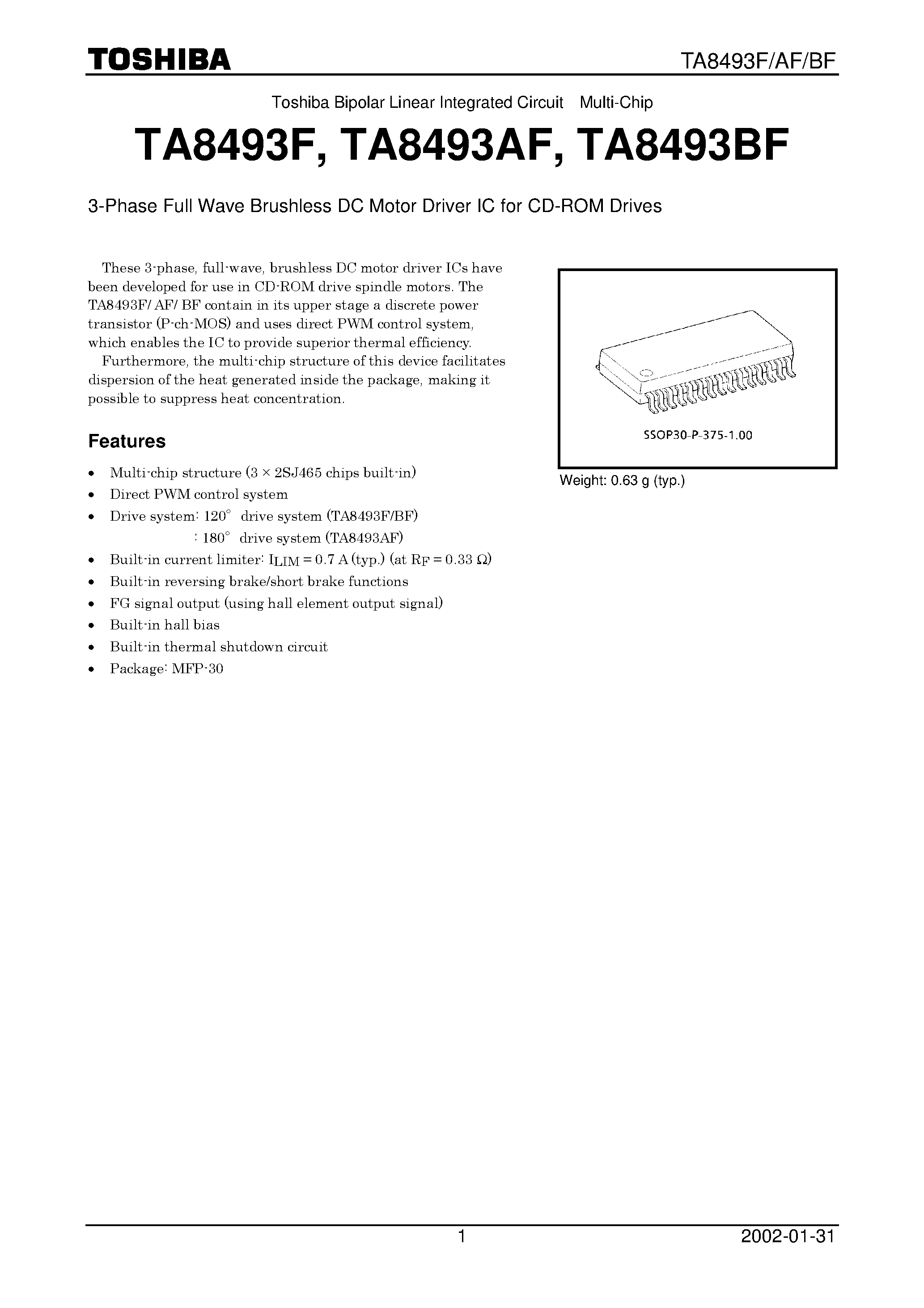 Datasheet TA8493AF - (TA8493xx) 3-PHASE FULL WAVE BRUSHLESS DC MOTOR DRIVER IC FOR CD-ROM DRIVES page 1