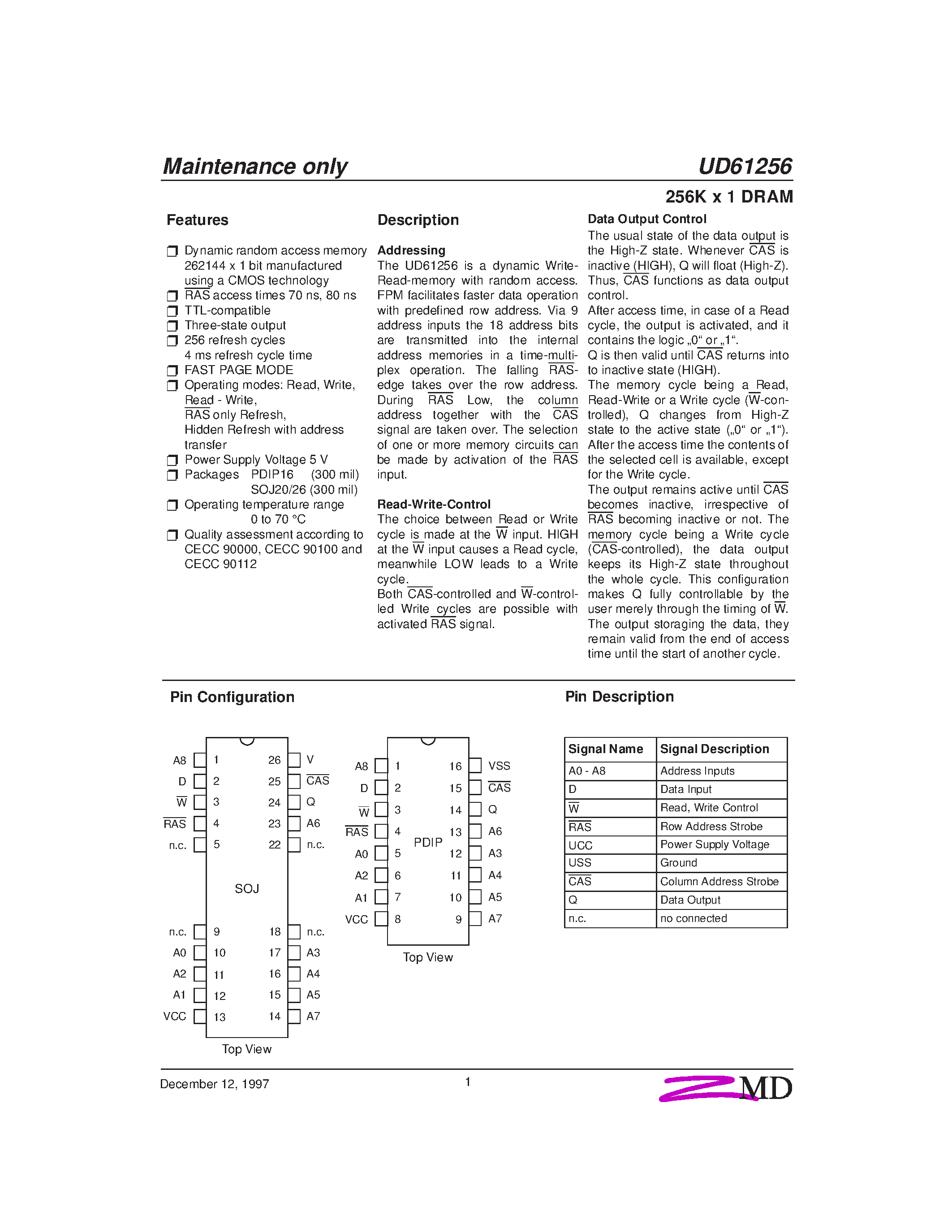 Даташит UD61256 - 256K x 1 DRAM страница 1
