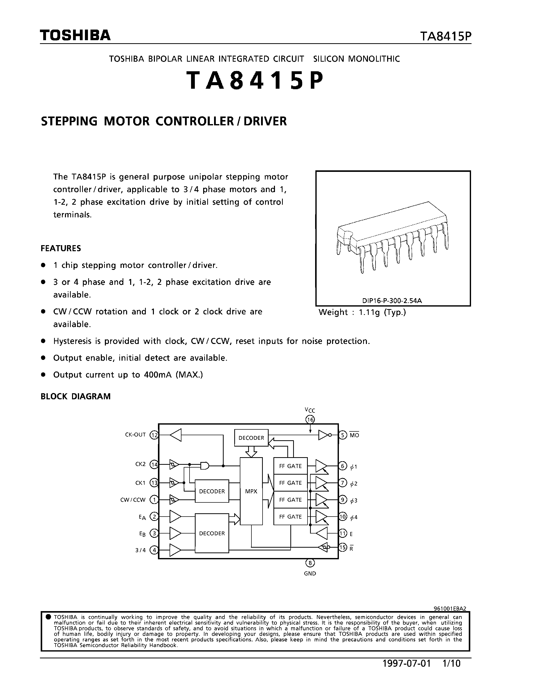 Даташит TA8415P - STEPPING MOTOR CONTROLLER/DRIVER страница 1