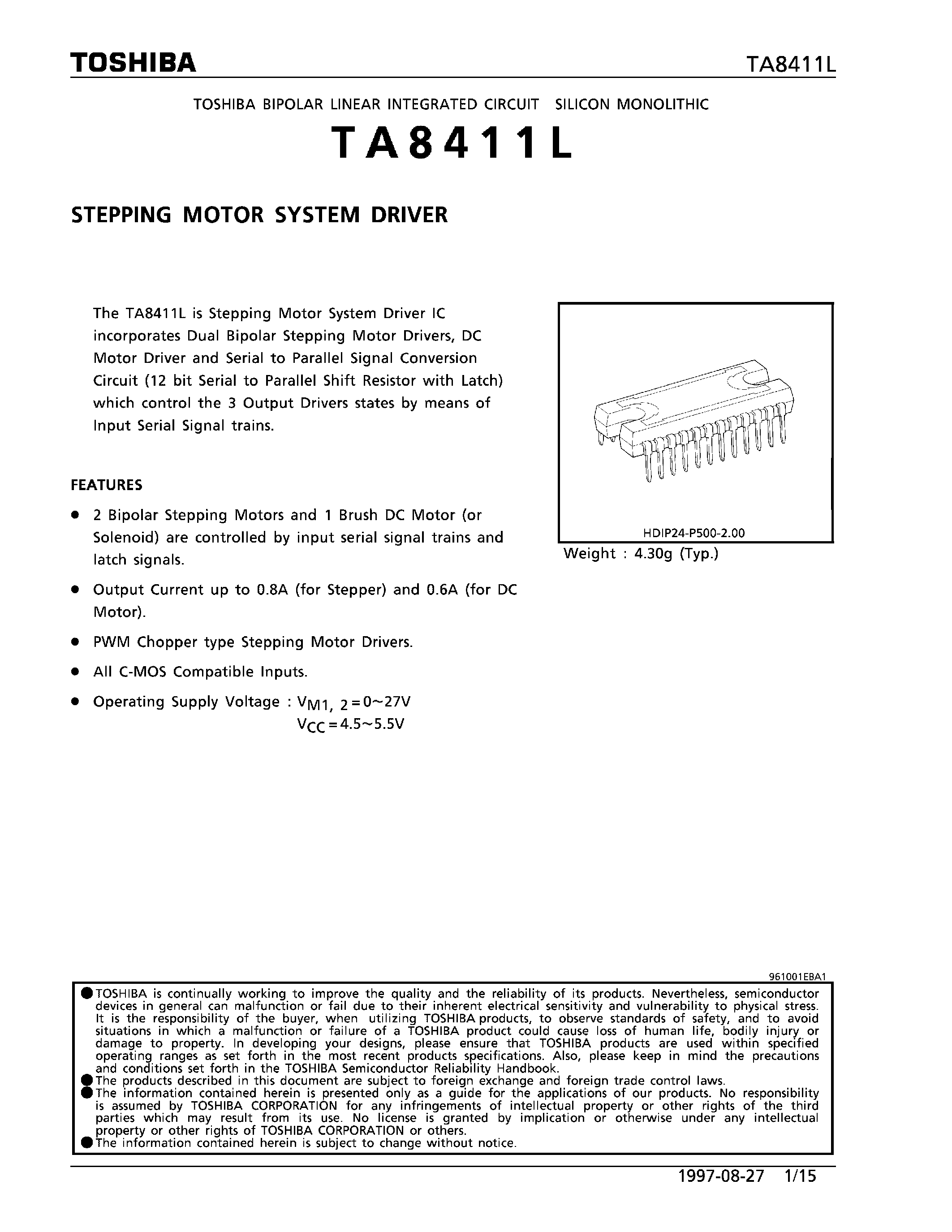 Даташит TA8411L - STEPPING MOTOR SYSTEM DRIVER страница 1