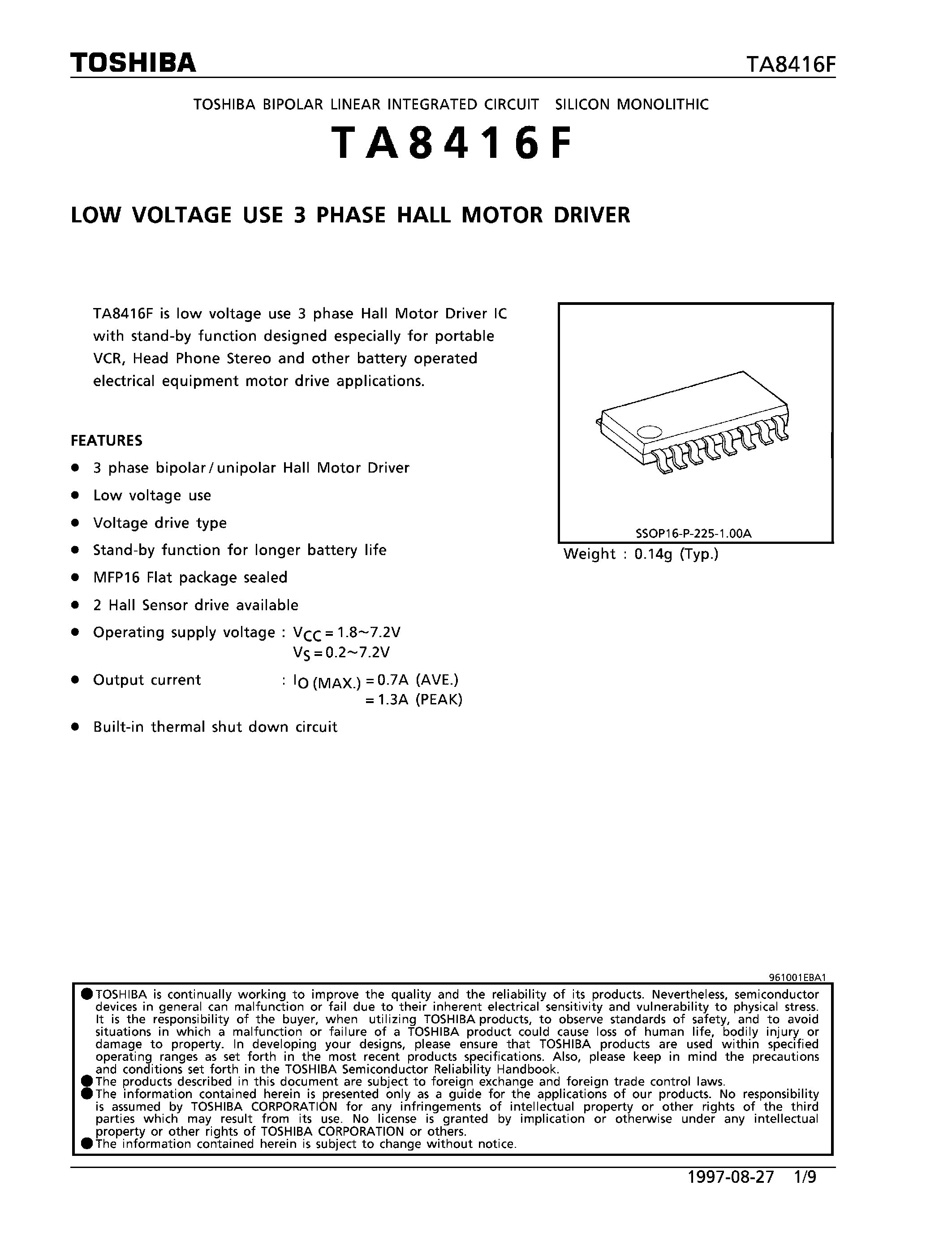 Datasheet TA8416F - LOW VOLTAGE USE 3 PHASE HALL MOTOR DRIVER page 1