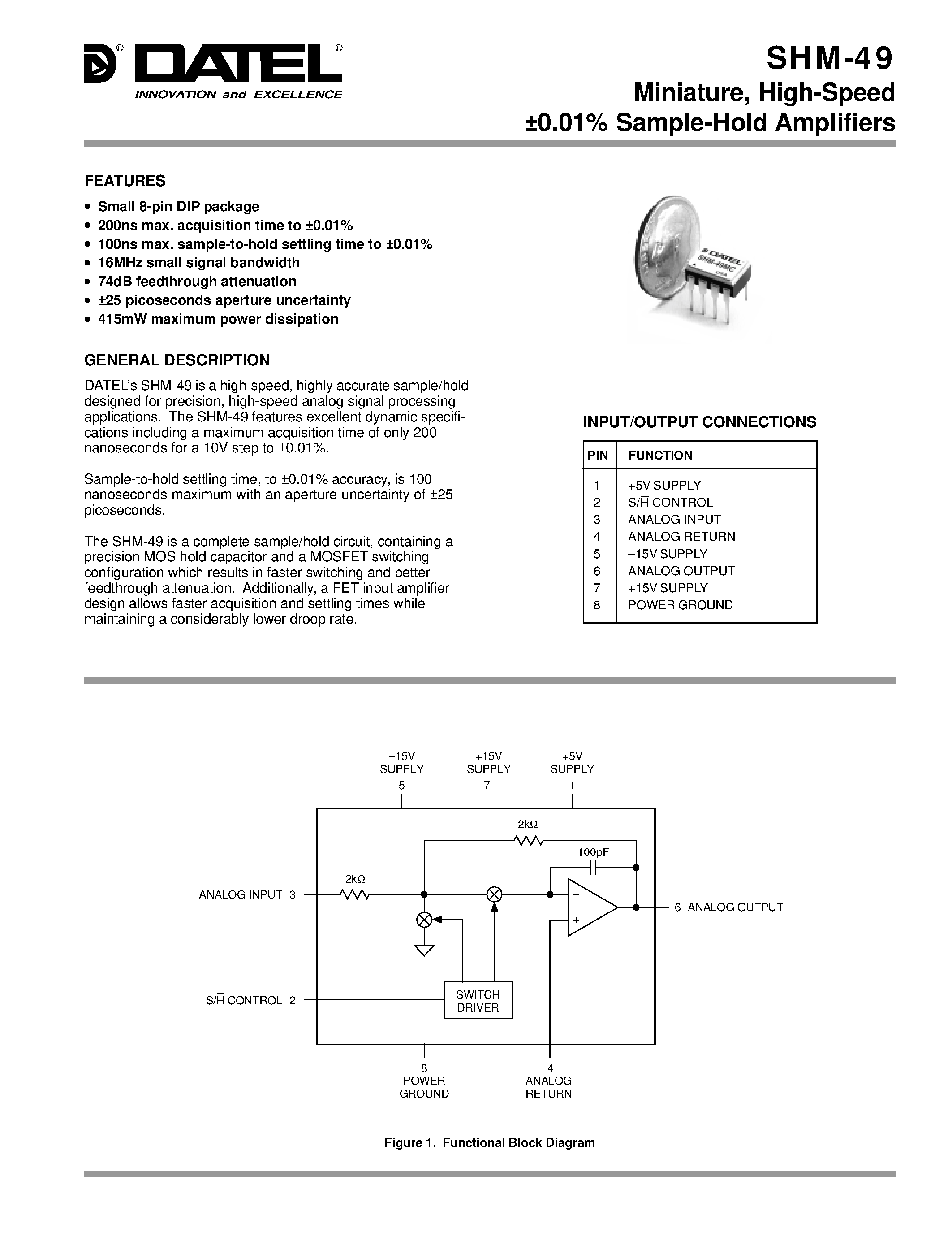 Datasheet SHM-49 - Miniature High-Speed +-0.01% Sample-Hold Amplifiers page 1