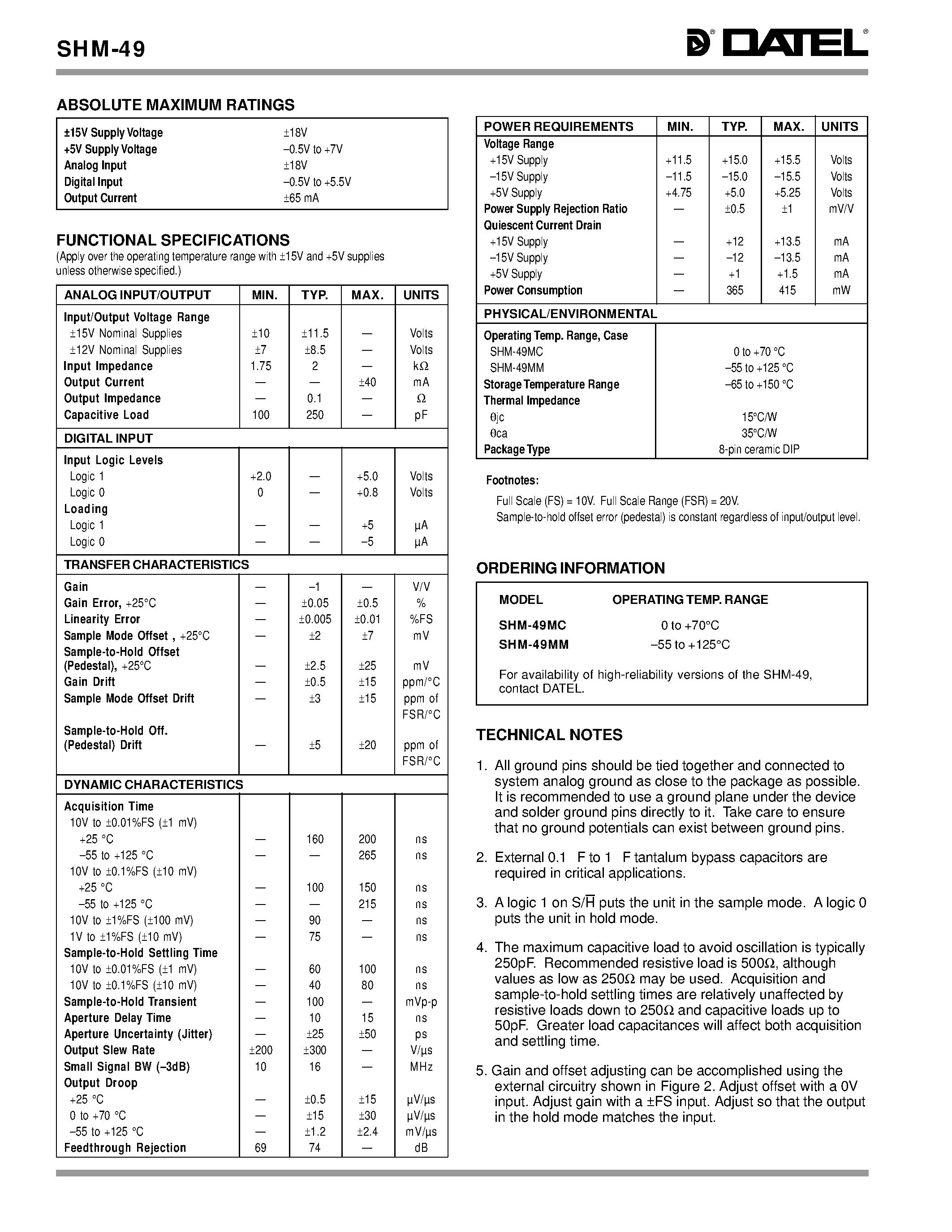 Datasheet SHM-49 - Miniature High-Speed +-0.01% Sample-Hold Amplifiers page 2