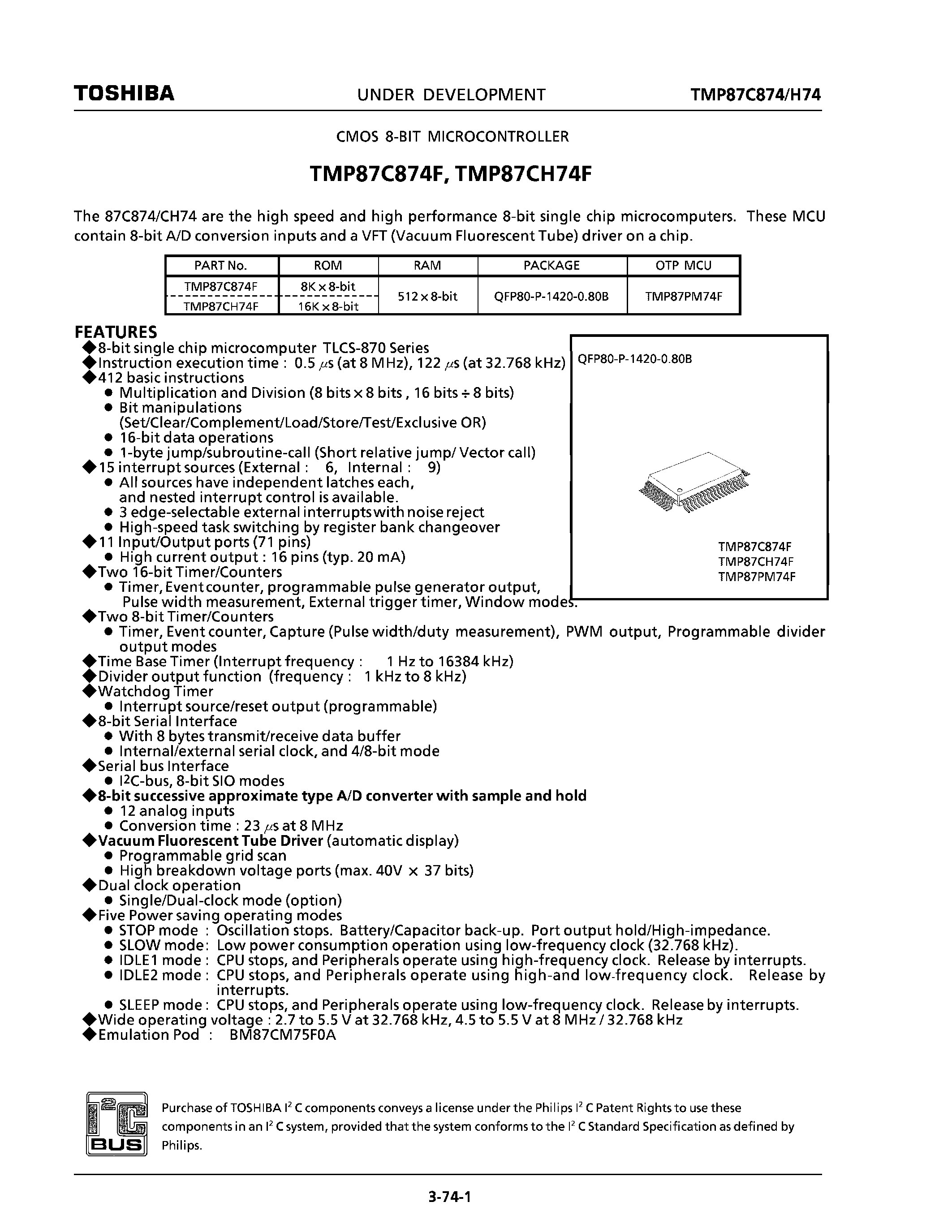 Datasheet TMP87C874F - CMOS 8-BIT MICROCONTROLLER page 1