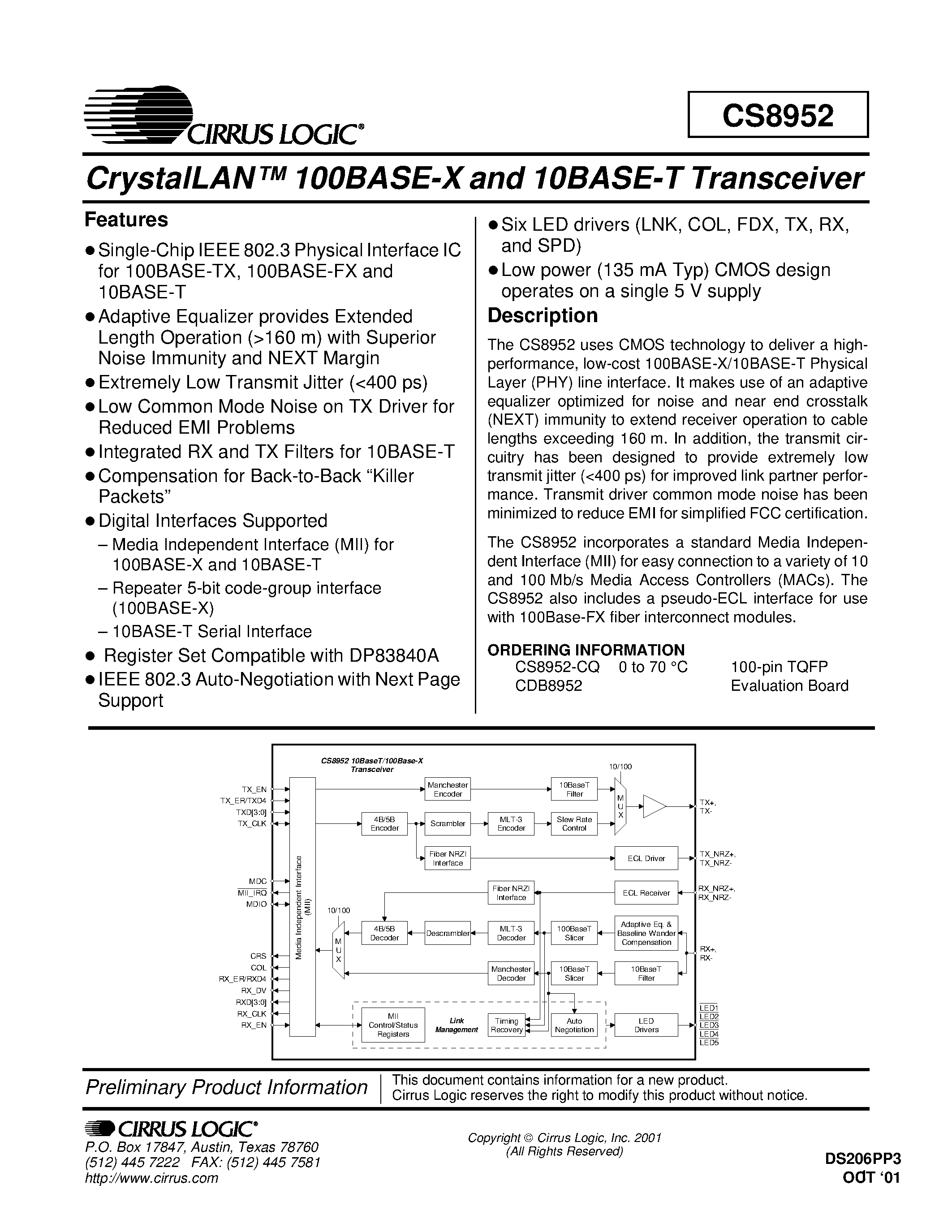 Datasheet CDB8952 - CrystalLAN 100BASE-X and 10BASE-T Transceiver page 1